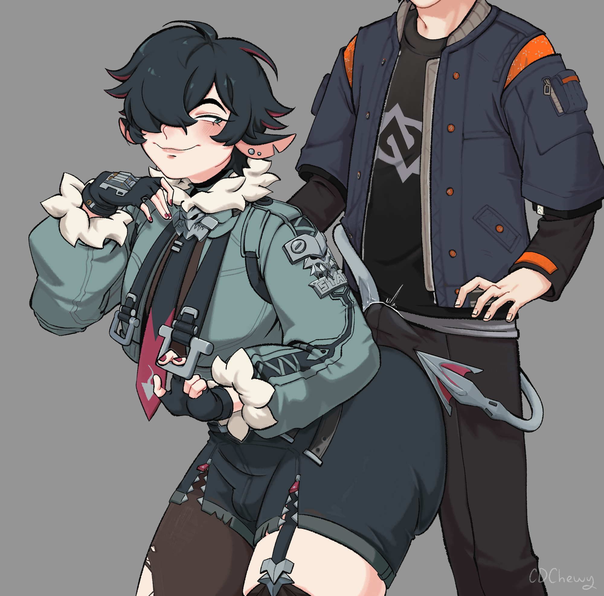 2boys, artist name, ass on crotch, big ass, bulge, cdchewy, femboy, feminine male, gay, genderbend, genderswap, grin, jane doe (zenless zone zero), john doe (zenless zone zero) (scopeophilia), male only, mihoyo, pantyhose, rule 63, short shorts, shorts, sissy, smile, tail, thighhighs, tight clothing, zenless zone zero