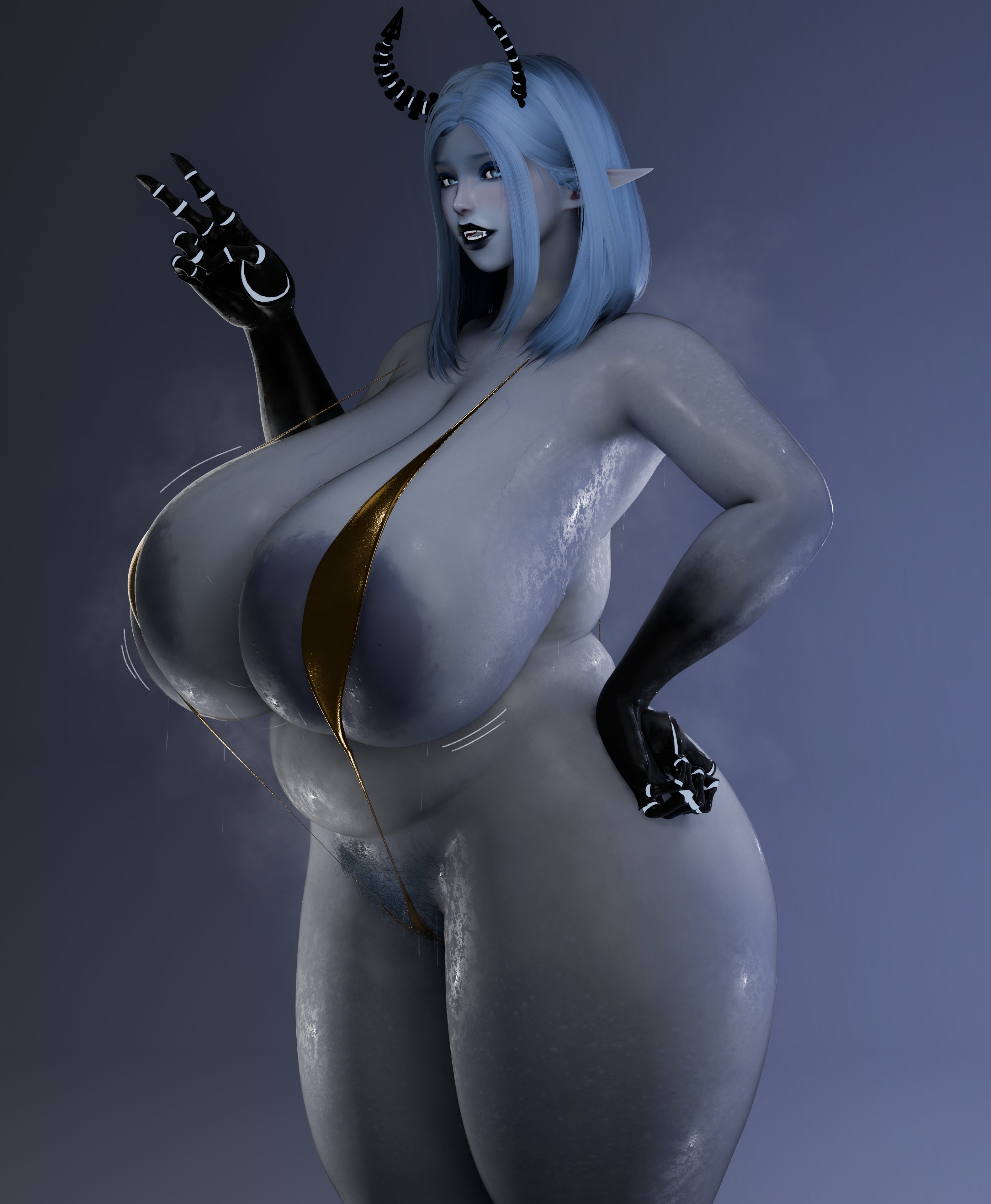3d, akaku b, black bikini, blue eyes, blue hair, fangs, female, female pubic hair, gigantic breasts, grey skin, horns, long hair, massive areolae, massive breasts, pointy ears, pubic hair, smile, thick, thick thighs, thighs, v, wide hips