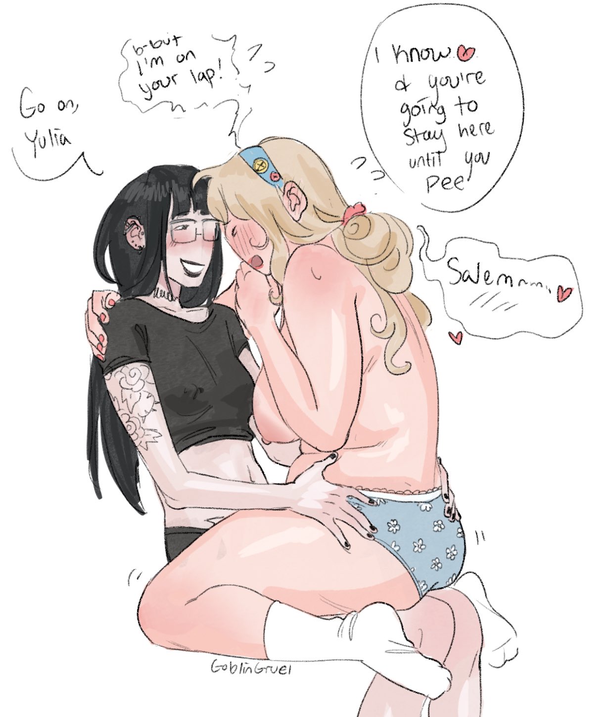 2girls, alt girl, areola, black hair, black lipstick, blonde hair, blush, breasts, chubby, dialogue, embarrassed, english text, female, female only, glasses, goblingruel, imminent peeing, light skin, light-skinned female, lipstick, long hair, nipples, nipples visible through clothing, omorashi, painted nails, panties, sitting on lap, socks, speech, speech bubble, tattoo, text, underwear, white background, white socks, yuri