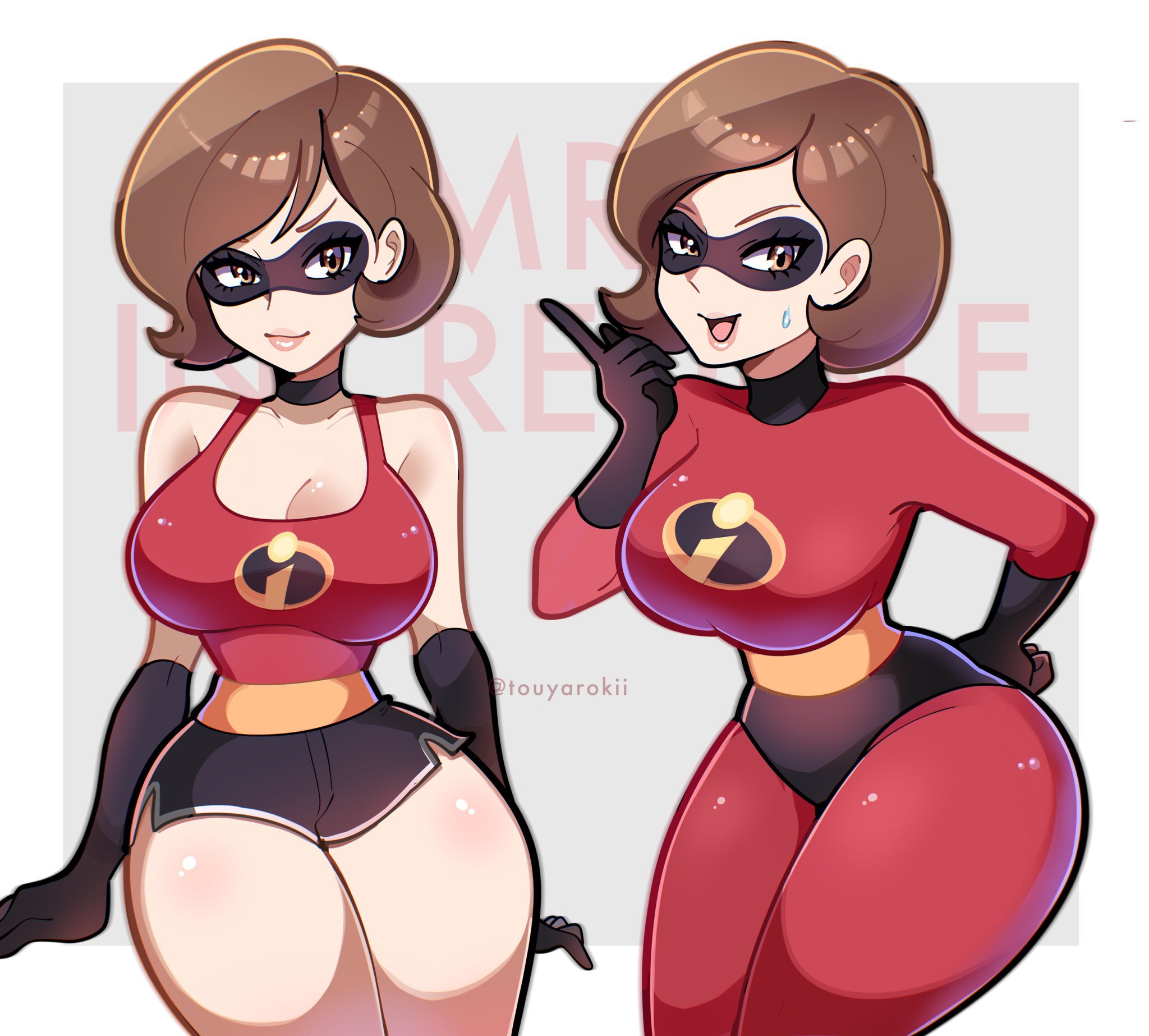 1girl, 1girls, big breasts, breasts, brown eyes, brown hair, choker, cleavage, curvy, disney, domino mask, elastigirl, female, female only, gloves, hair, hand on hip, helen parr, light skin, light-skinned female, looking at viewer, open mouth, pixar, pointing, short hair, short shorts, shorts, simple background, solo female, superhero costume, superheroine, tank top, the incredibles, thick thighs, thighs, touyarokii