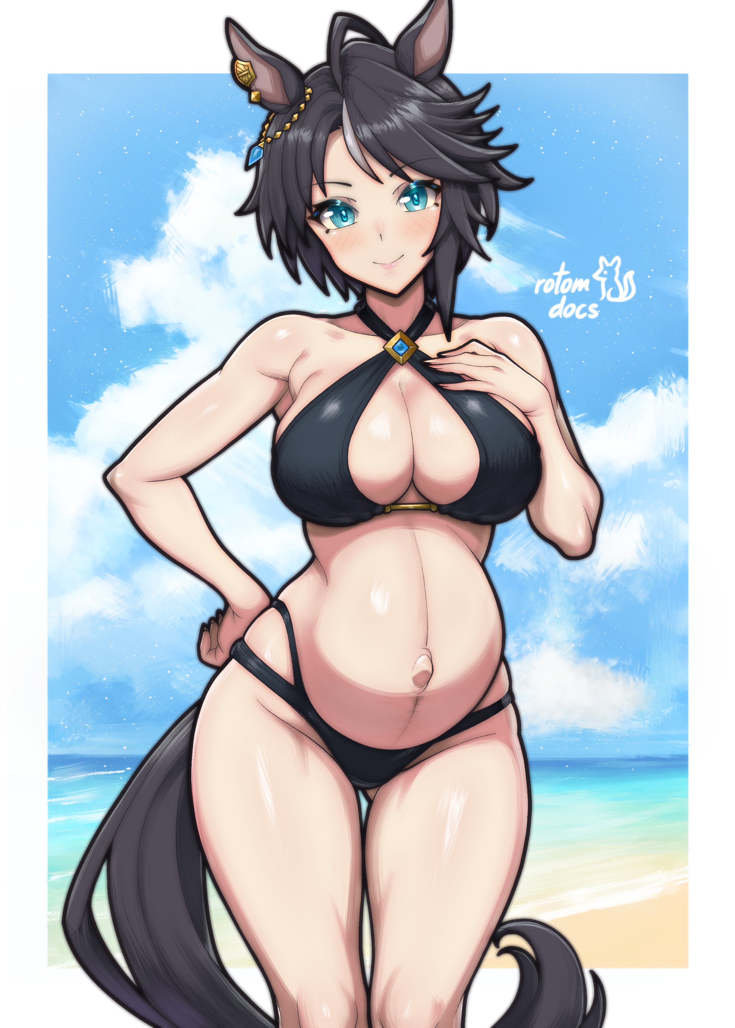 aqua eyes, big breasts, bikini, black bikini, black hair, blue eyes, blush, cleavage, female, female only, fuji kiseki (umamusume), horse ears, horse girl, horse tail, jewelry, kemonomimi, looking at viewer, outie navel, pregnant, rotomdocs, short hair, single earring, smile, solo, swimsuit, thick thighs, thigh gap, two-tone hair, umamusume, umamusume pretty derby, wide hips