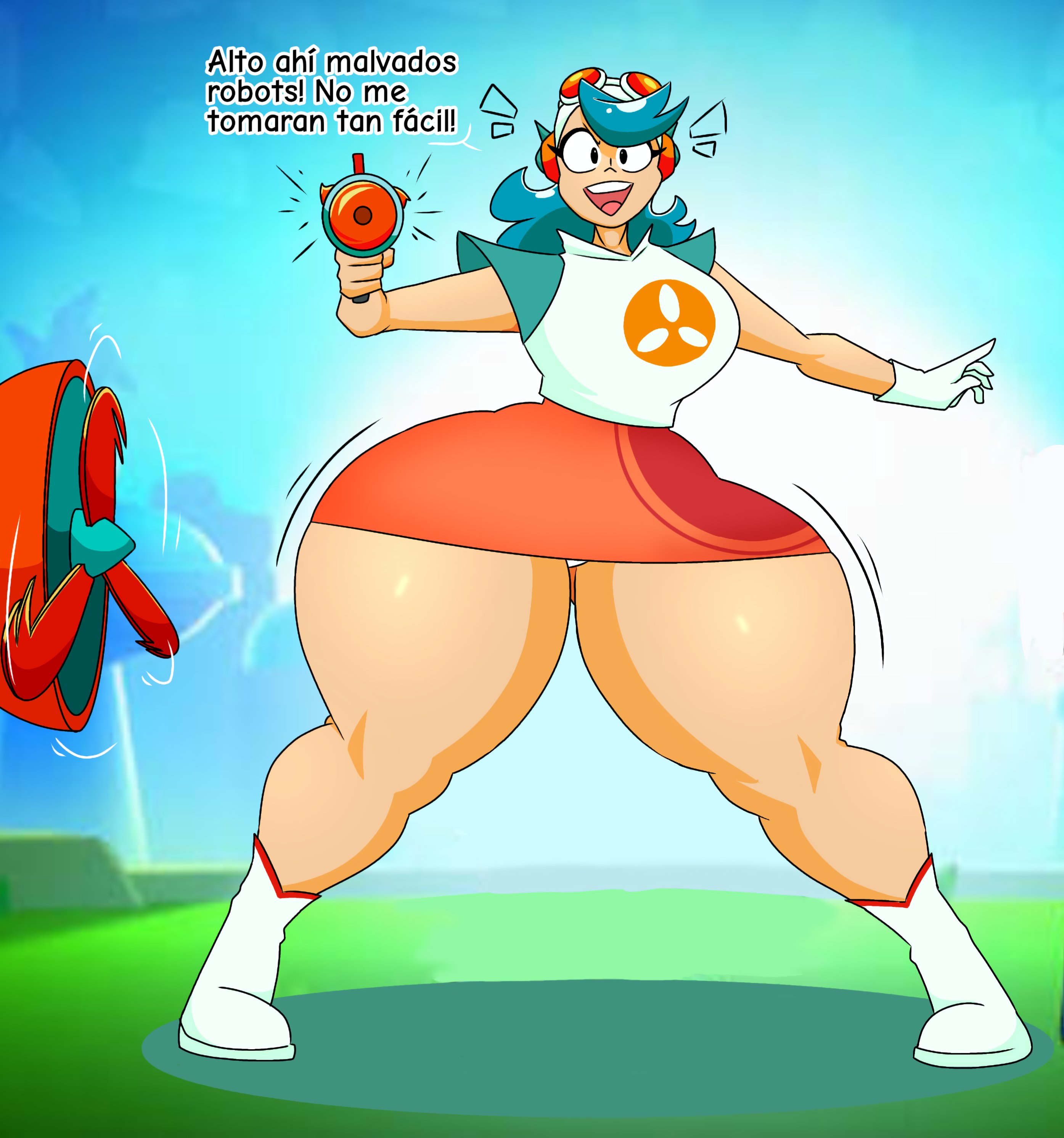1girls, alternate version available, before expansion, big breasts, blue hair, boots, bottomwear, brawl stars, breast expansion, breasts, clothed, clothed female, cyan hair, eyelashes, female, female focus, female only, gloves, goggles, goggles on head, holding, holding weapon, light skin, light-skinned female, miniskirt, open mouth, orange bottomwear, orange skirt, panties, shoulder pads, skaler2, skirt, solo, spanish text, text, thick thighs, tongue, topwear, wendy (brawl stars), white boots, white gloves, white panties, white topwear, wide hips
