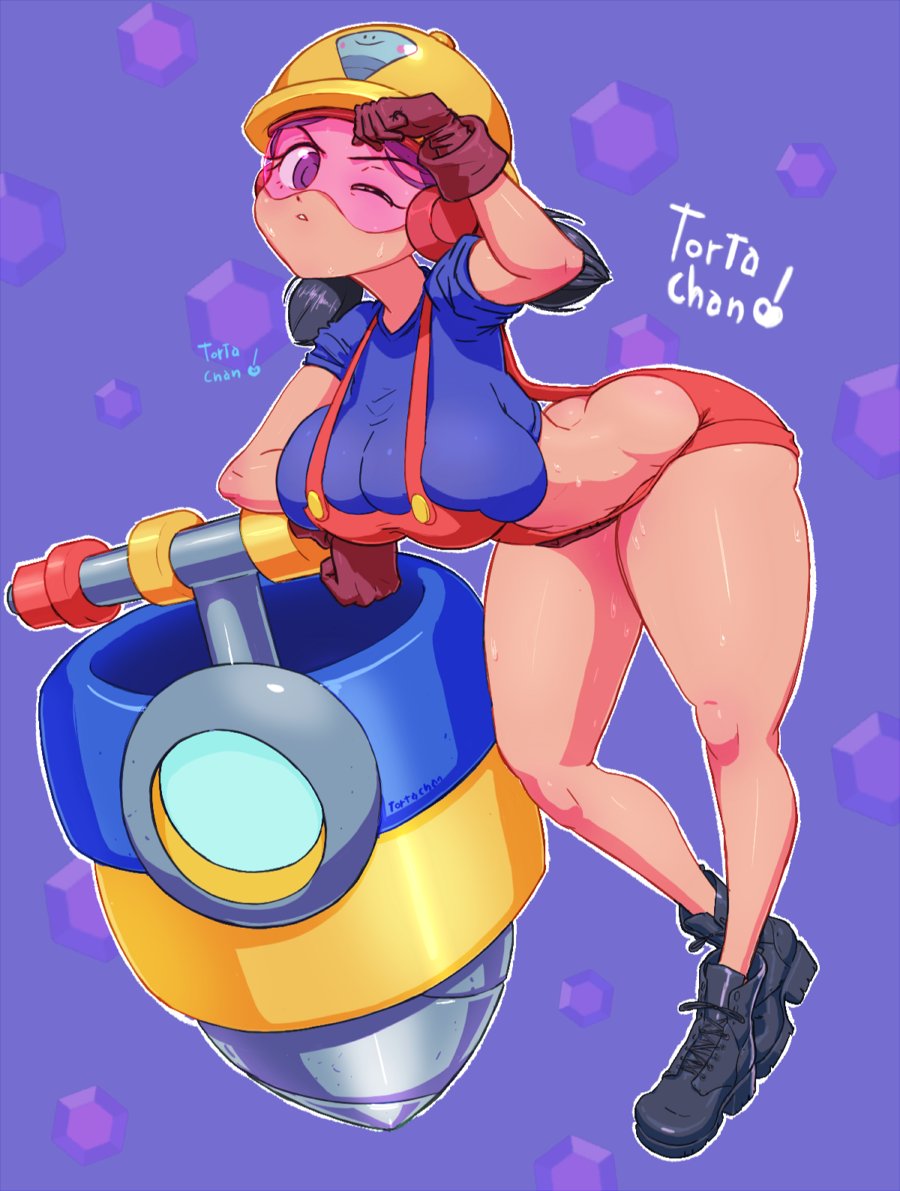 bent over, big breasts, brawl stars, breasts, construction worker, drill, female, female focus, female only, hard hat, jacky (brawl stars), long legs, looking at viewer, shoes, solo, solo female, supercell, tied hair, tinted eyewear, tortachan, twitter link, winking at viewer