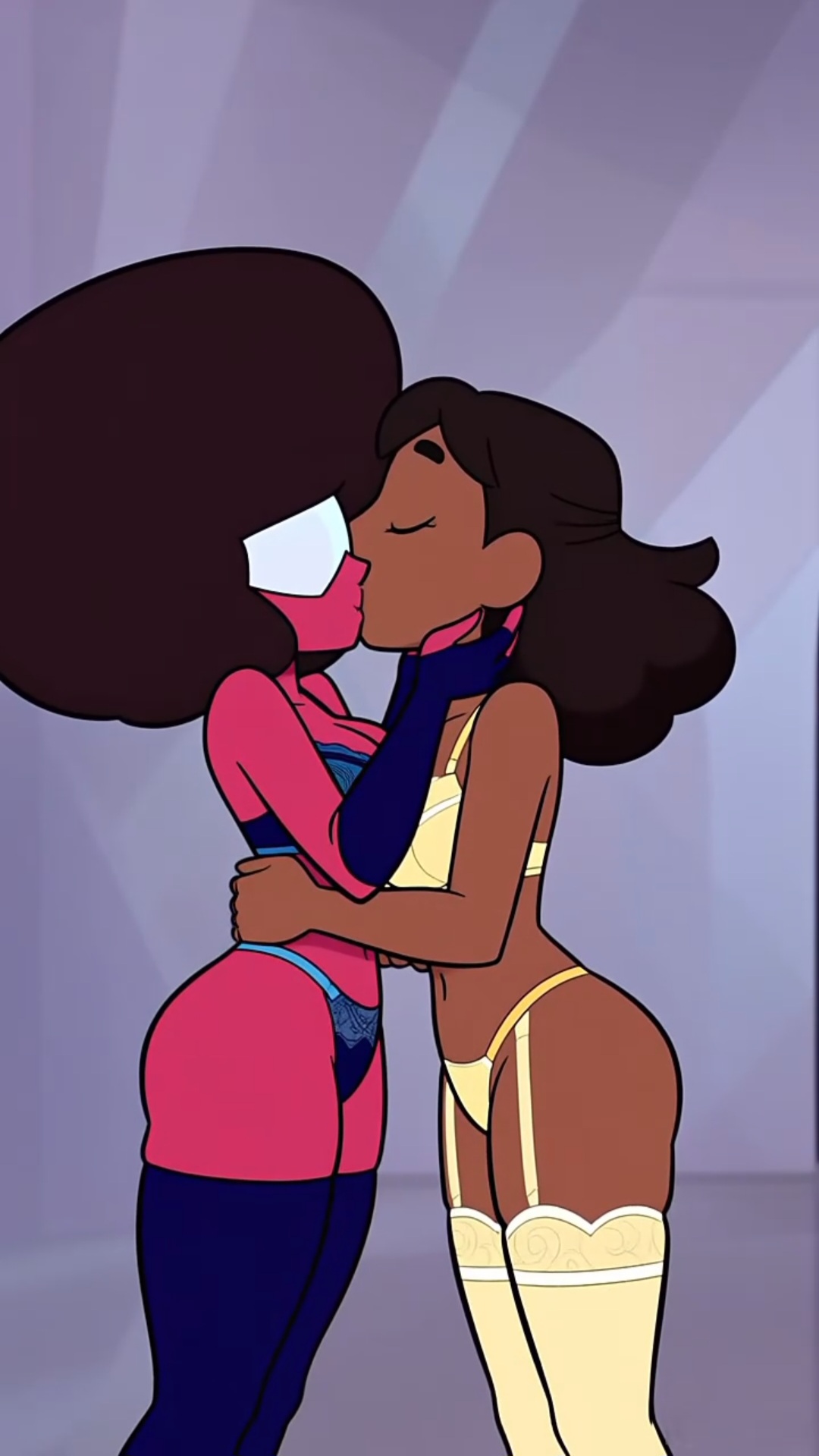 arm length gloves, bra, cartoon network, connie maheswaran, garnet (steven universe), kiss, kissing, lesbian, lesbian kiss, lingerie, panties, steven universe, stockings