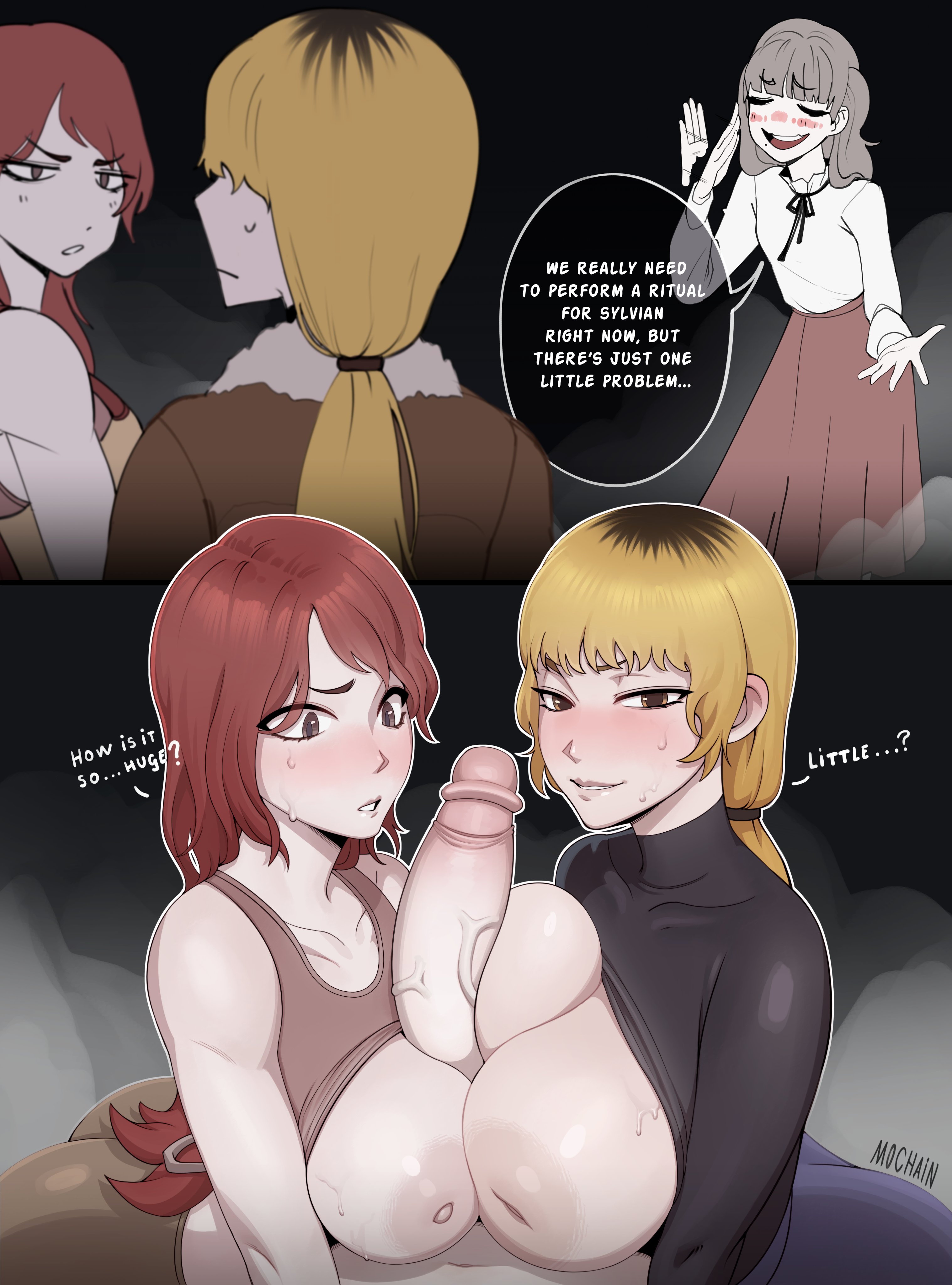 1dickgirl, 2girls, abella (fear and hunger), ass, big breasts, big penis, blonde hair, blush, blushing, breasts, dialogue, double paizuri, fear and hunger, fear and hunger: termina, female, futa on female, futanari, huge breasts, huge penis, hung, hung futa, hung transfem, inverted nipples, karin (fear and hunger), long hair, marina (fear and hunger), mochain, nipples, paizuri, penis, penis awe, penis size talk, red hair, shirt lift, size talk, sweat, sweatdrop, text, titjob, trans woman, transfem, uncensored, watermark