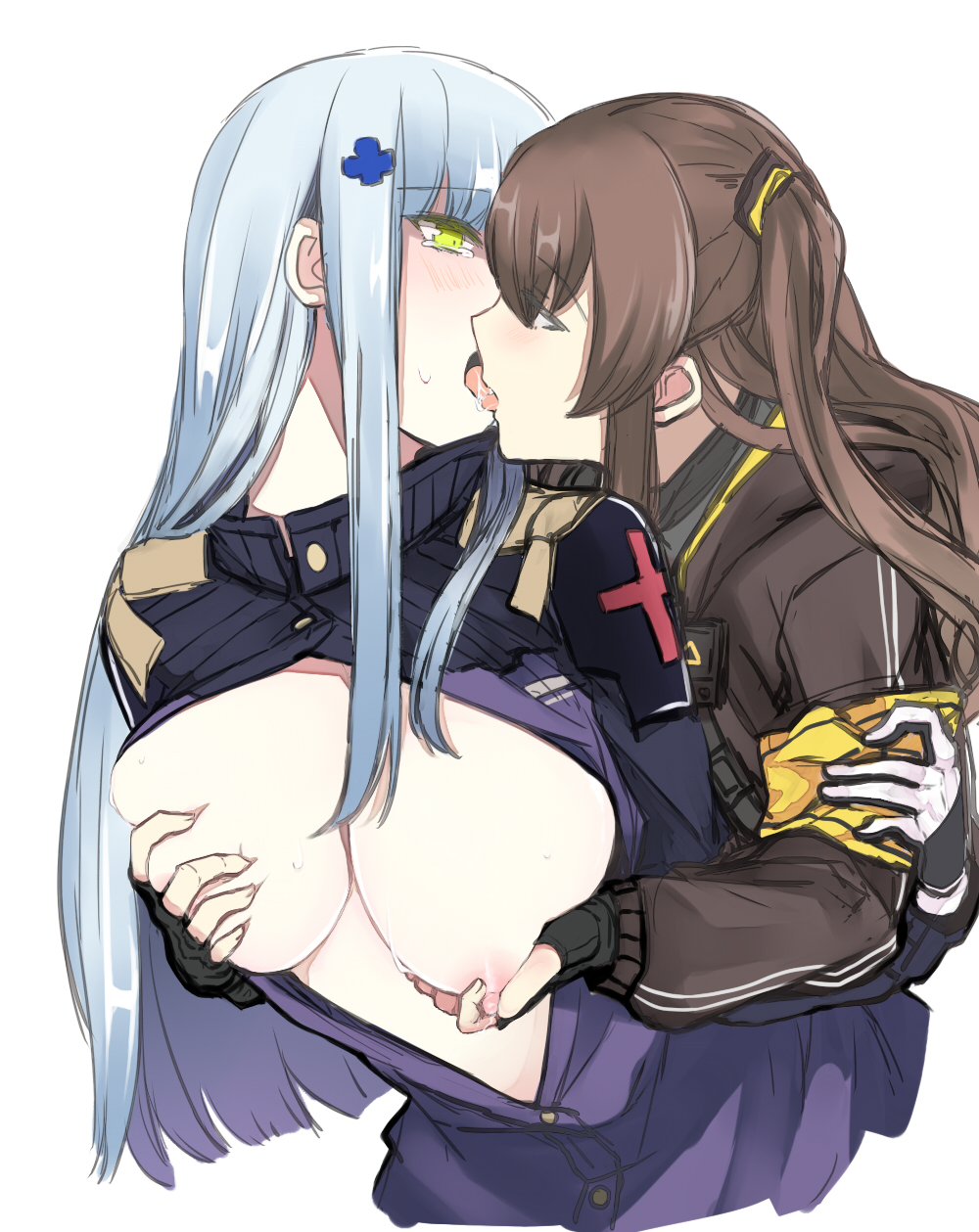 2girls, big breasts, blush, breast grab, breasts, breasts out, brown hair, clothing, female, female only, french kiss, girls kissing, girls' frontline, gloves, grabbing, grabbing another's breast, grabbing from behind, green eyes, grey hair, groping, groping breasts, groping from behind, hinagi (fox priest), hk416 (girls' frontline), jacket, kissing, large breasts, long hair, nipple tweak, nipples, open clothes, open jacket, open mouth, sweat, sweatdrop, tearing up, tears, tongue, tongue out, ump45 (girls' frontline), upper body, yuri