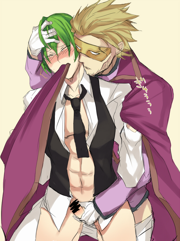 2boys blazblue blonde_hair cape censored gay gloves green_hair hazama male mask necktie relius_clover simple_background yaoi yellow_background