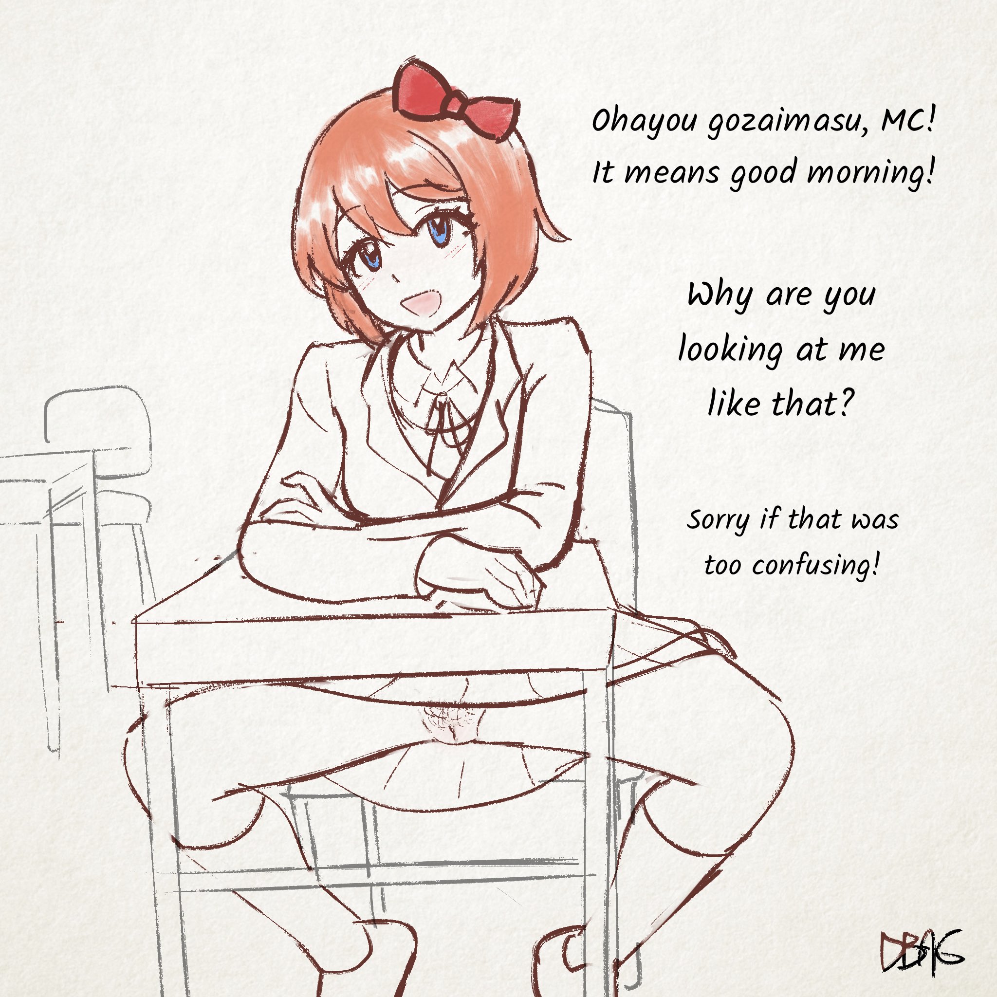 1girl, 1girls, 2026, 2d, accidental exposure, accidental flashing, artist name, blue eyes, dbagdraws, dialogue, doki doki literature club, english, english dialogue, english text, female, female only, flashing, flashing pussy, human, japanese dialogue, light skin, light-skinned female, no panties, oblivious, pubes, pubic hair, pussy, romaji text, sayori (doki doki literature club), school uniform, skirt, solo, solo female, speaking to viewer, tagme, talking to viewer