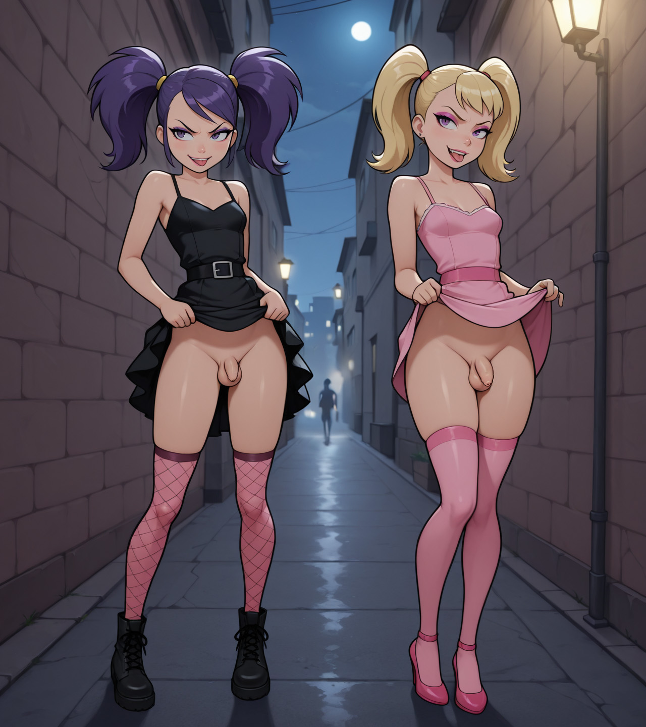 2futas, ai generated, alley, blonde hair, boobly, boots, dress lift, evil grin, evil smile, flaccid, foreskin, full body, futa, futanari, high heels, night, night sky, purple hair, realistic penis size, sissy, small breasts, small penis, standing, stockings, tongue, twintails