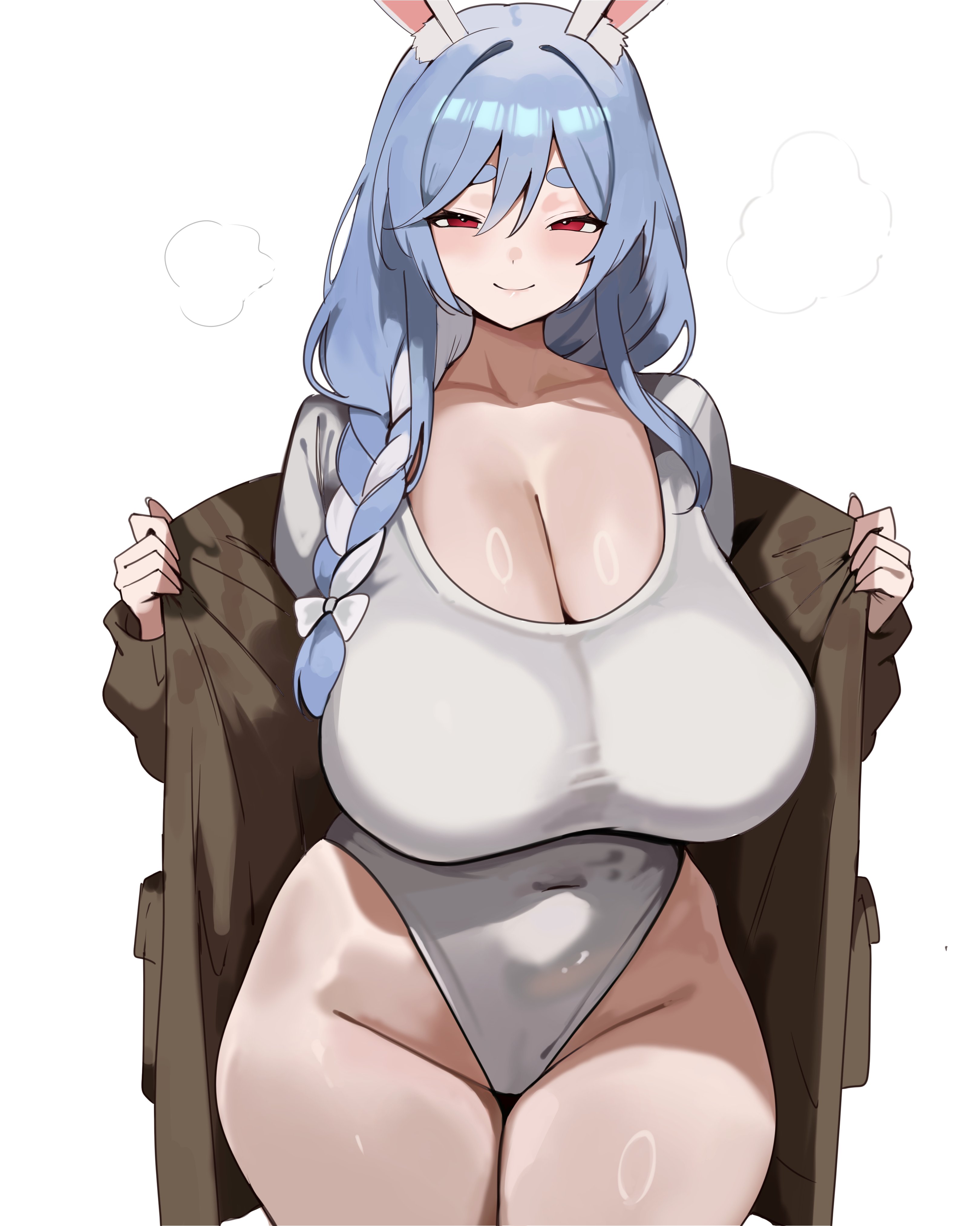 1girls, animal ears, big breasts, blue hair, blush, braid, braided hair, breasts, brown eyes, bunny ears, cleavage, coat, female, female only, hair, hips, hololive, huge breasts, leotard, mature, mature female, mature woman, meeko illus, milf, mother, open coat, pekomama, smile, solo, solo female, thick thighs, thighs, virtual youtuber, white background, white leotard