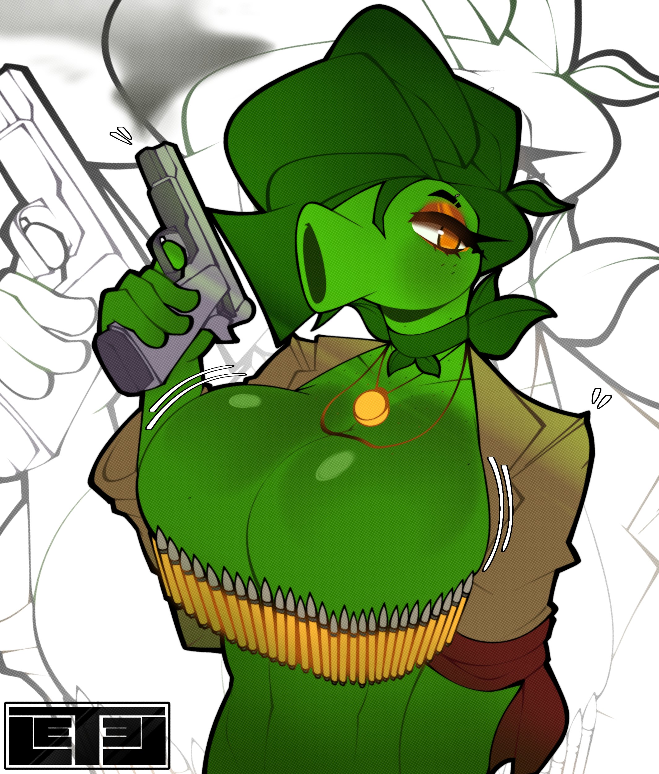 1girls, 2026, 2d, 2d (artwork), anthro, anthrofied, artist logo, big breasts, breasts, bullets, coat, color, colored, digital drawing (artwork), digital media (artwork), electronic arts, eyeshadow, female, female only, firearm, flora fauna, green body, green skin, gun, holding firearm, holding gun, holding weapon, huge breasts, humanoid, letherexists, looking at viewer, motion lines, necklace, peablaze (leafpaw), peashooter (pvz), pendant, plant, plant girl, plant humanoid, plantie, plants vs zombies, plants vs. zombies, popcap games, pvz, smoke from gun, solo, solo female, weapon