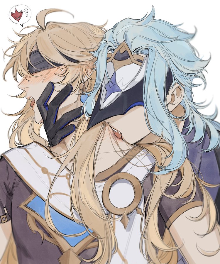 aether (genshin impact), bite mark, bite mark on neck, bitting, blindfold, blindfolded, blush, dotted background, dottore (genshin impact), fully clothed, gay, genshin impact, liann1009, skinny, thinking of someone else, yaoi