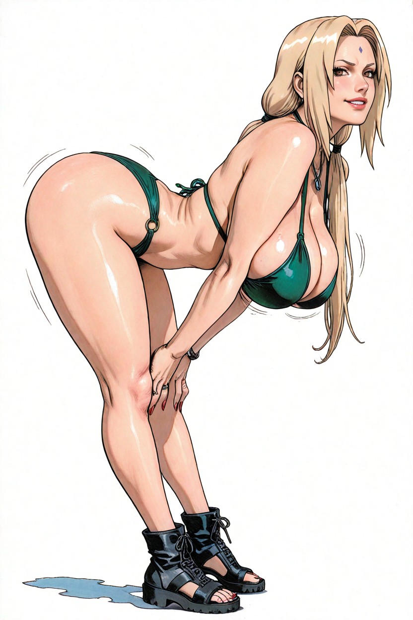 1girls, ai generated, arched back, ass, bending over, big breasts, bikini, blonde female, blonde hair, breasts, brown eyes, confident smile, faprunner78, female, female only, forehead mark, hanging breasts, hokage, long hair, looking at viewer, mature female, naruto (series), natural breasts, thick thighs, thighs, tsunade, tsunade (naruto)