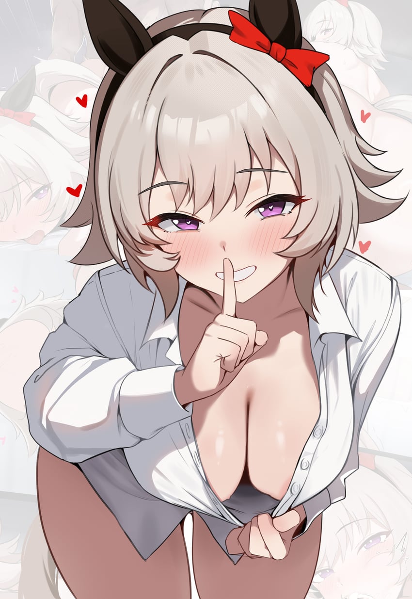 animal ears, blush, collarbone, curren chan (umamusume), dush 1154, female, heart symbol, heart-shaped pupils, horse ears, horse girl, horse tail, large breasts, no bra, pulling clothing, shushing, smile, tail, umamusume, umamusume pretty derby, white hair