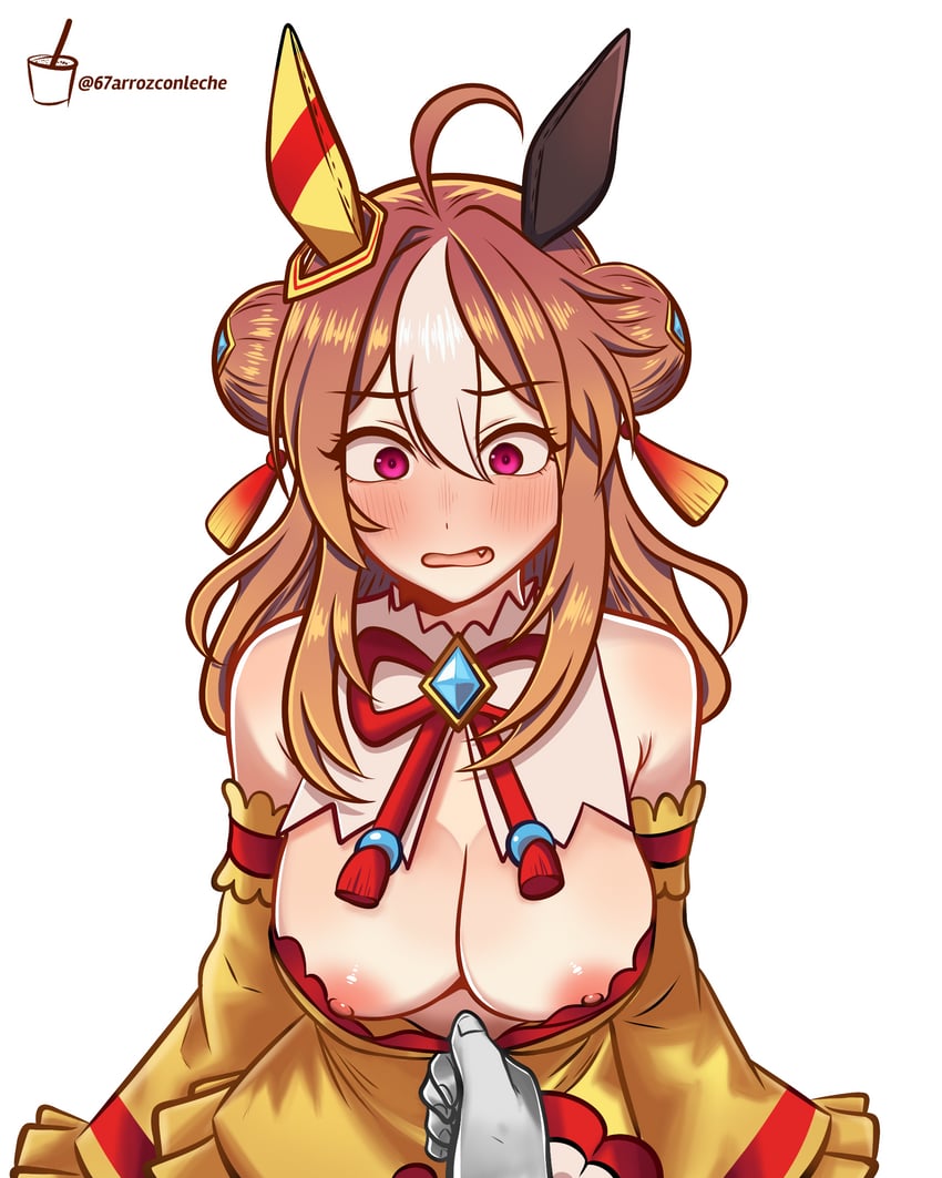 animal ears, arroz con leche, blush, breasts, copano rickey (umamusume), female, horse ears, horse girl, horse tail, large breasts, light brown hair, nipple slip, nipples, pulling clothing, tail, umamusume, umamusume pretty derby