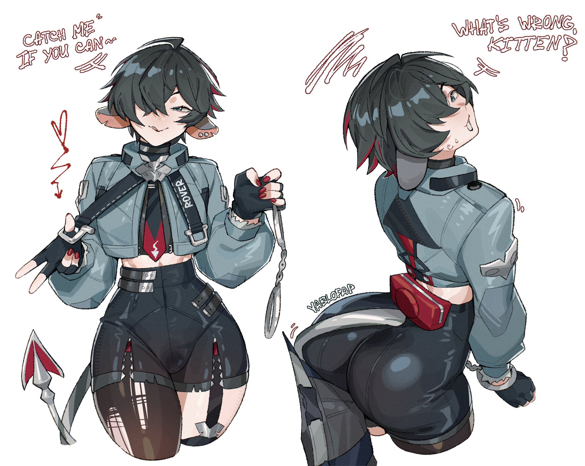 femboy, genderswap, genderswap (ftm), handcuffs, heart, jane doe (zenless zone zero), male only, pressing against, tagme, yablofap, zenless zone zero