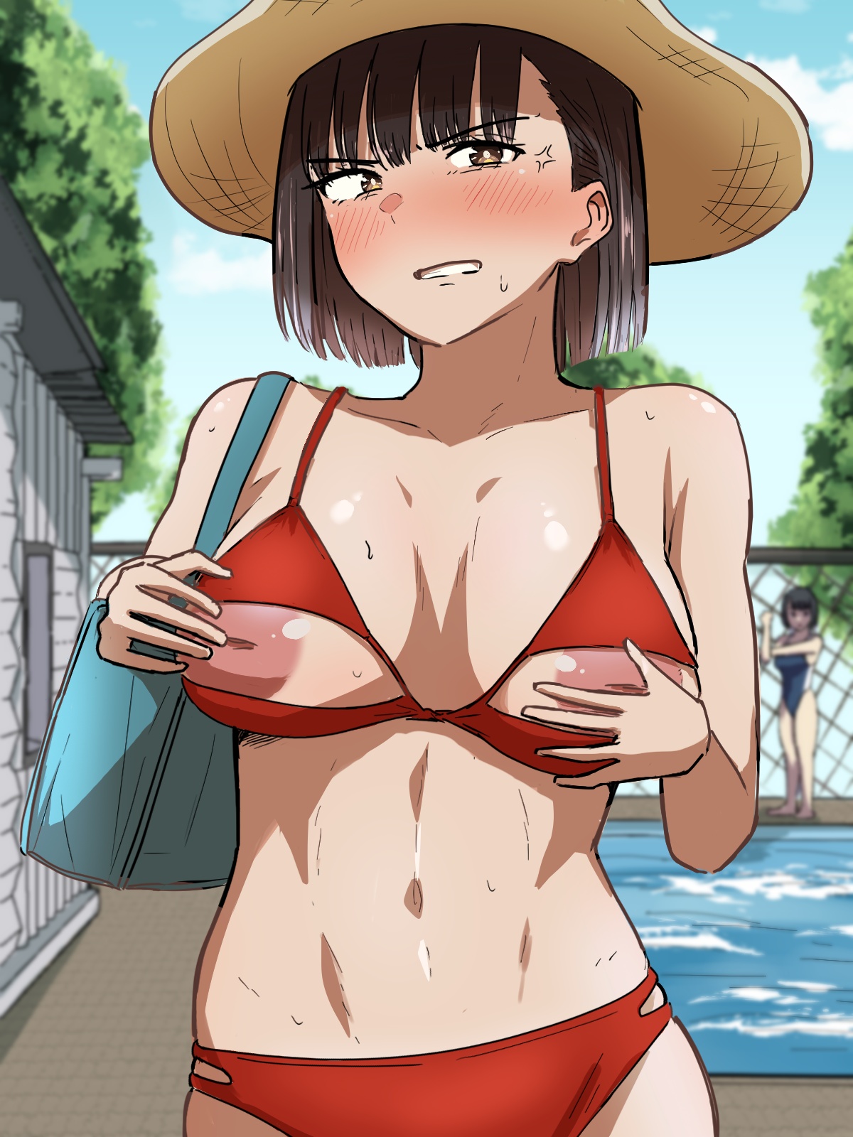 ///, 1girls, 2d, 2d (artwork), 2d artwork, adult, adult female, angry, angry expression, angry eyebrows, angry face, areola, areolae, bare arms, bare belly, bare chest, bare hands, bare legs, bare midriff, bare navel, bare shoulders, bare skin, bare thighs, belly, belly button, big areola, big areolae, big boobs, big breasts, big nipples, bikini, bikini bottom, bikini only, bikini top, black eyebrows, black hair, black-haired female, blue handbag, blue sky, blue sky background, blurred background, blurry background, blush face, blush lines, blushing, blushing at viewer, blushing female, blushing lines, body sweat, boob grab, breast cutout, breast grab, breast hold, breasts, breasts apart, brown eyes, brown-eyed female, busty, busty female, busty girl, caressing breasts, clothing cutout, cloud, clouds, collarbone, color, colored, cowboy shot, dark hair, day, daylight, daytime, depth of field, digital, digital art, digital drawing, digital drawing (artwork), digital media, digital media (artwork), double breast grab, drawing, elbows, embarrassed, embarrassed exposed female, embarrassed expression, embarrassed female, embarrassed naked female, embarrassed nude female, exposed arms, exposed belly, exposed chest, exposed legs, exposed midriff, exposed navel, exposed shoulders, exposed skin, exposed thighs, exposing, exposing breasts, exposing chest, exposing nipple, exposing self, eye-level view, eyebrows, eyebrows visible through hair, eyes, facing viewer, female, female focus, female only, fingers, fit female, flashing, flushed, flushed cheeks, flushed face, flustered, flustered female, fondling, fondling breasts, fondling own breast, fondling self, from front, front view, frown, frown eyebrows, frowning, frowning at viewer, glistening areola, glistening boobs, glistening breasts, glistening nipples, glistening shoulders, glistening skin, glossy breasts, glossy nipples, grabbing breast, grabbing breasts, grabbing own breast, grabbing own breasts, grabbing tits, grope, groping, groping breast, groping breasts, groping chest, groping own breast, groping own breasts, groping self, hair, halterneck, hand on breast, hand on chest, hand on own breast, hand on own chest, handbag, hands on breasts, hands on chest, hands on own breasts, hands on own chest, hat, head tilt, hip dips, hips, inframammary fold, inverted nipple, inverted nipples, knees out of frame, large areola, large areolae, large boobs, large breasts, large nipple, large nipples, lean figure, leg out of frame, legs out of frame, linea alba, looking at viewer, lower body out of frame, mature, mature female, mature woman, midriff, narrow waist, navel, nipple cutout, nippleless clothes, nipples, oc, original, original art, original artwork, original character, original female character, outdoor, outdoor background, outdoor nudity, outdoors, outside, outside nudity, pink areola, pink areolae, pink nipples, pool, pool background, portrait, presenting breasts, presenting nipples, puffy areola, puffy areolae, puffy nipples, red bikini, red bikini bottom, red bikini top, red swimsuit, red swimwear, revealing breasts, scowl, self fondle, self grope, shiny areola, shiny breasts, shiny nipples, shiny shoulders, shiny skin, short hair, shoulders, showing breasts, showing chest, showing nipple, skindentation, sky, sky background, slender body, slender waist, slim female, slim waist, solo, standing, stomach, string bikini, sweat, sweat on body, sweat on breasts, sweat on face, sweat on stomach, sweatdrop, sweating, sweaty, sweaty belly, sweaty body, sweaty breasts, sweaty chest, sweaty face, sweaty female, sweaty skin, swimsuit, swimwear, tapubine2, thighs out of frame, tilted head, toned, toned belly, toned body, toned female, top view, touching breast, touching breasts, touching chest, touching own breast, touching own breasts, touching own chest, tree, upper body, v-shaped eyebrows, white pupils, woman