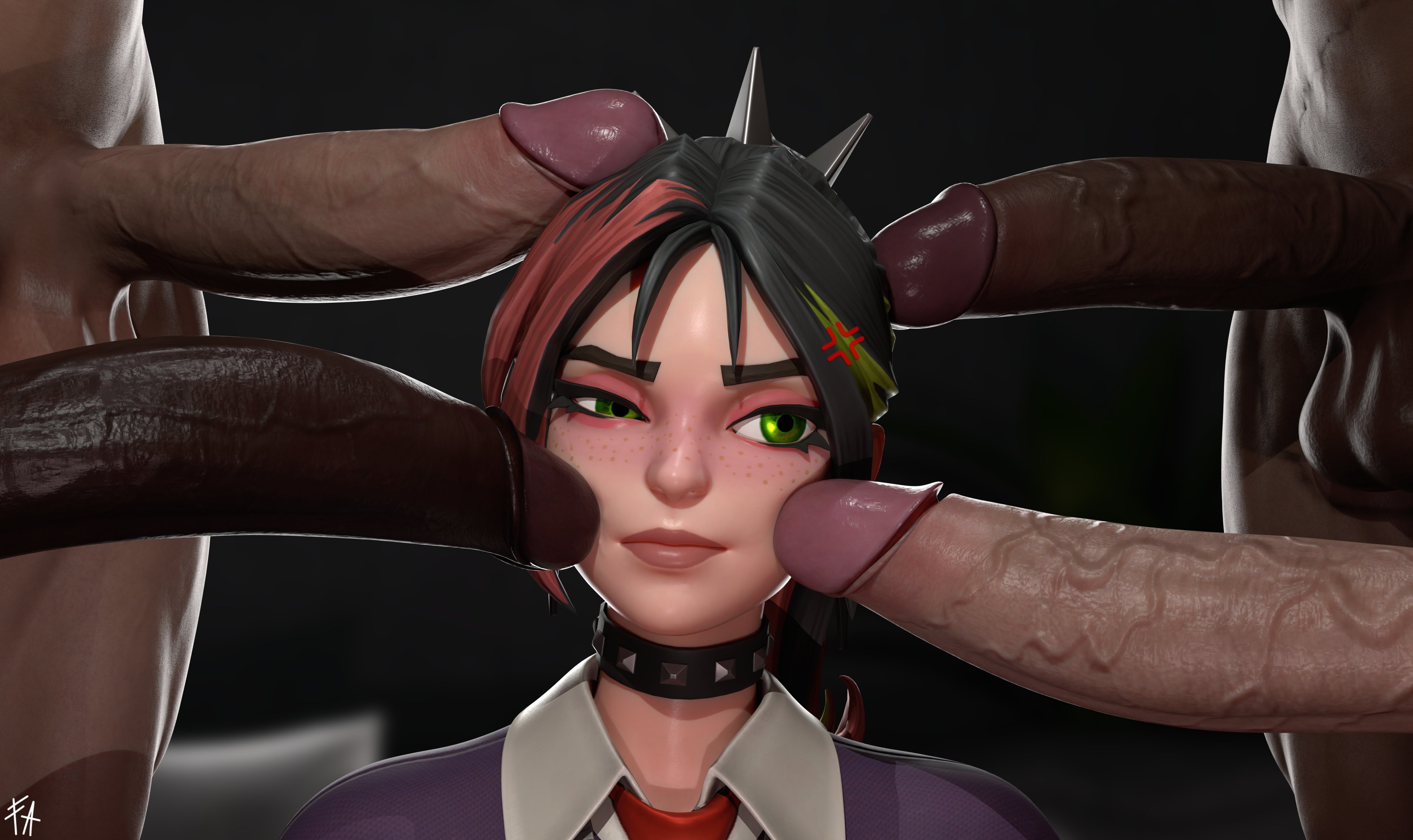 1female, 1girls, 2026, 3d, 4boys, 4boys1girl, big penis, blurry background, blush, choker, cock on face, dark-skinned male, ear piercing, earrings, epic games, face focus, fatalchaos, female, female focus, fortnite, fortnite: battle royale, freckles, freckles on face, glistening, green eyes, group, hair ornament, helsie (fortnite), interracial, jewelry, light skin, light-skinned female, light-skinned male, long penis, meme reference, multicolored hair, multiple boys, multiple penises, naked male, neckwear, nude male, penis, penis on face, ponytail, redline surrounded by guns (meme), shaved crotch, spine (game), studded choker, surrounded by penises, twitter link, unseen face, unseen male face, veiny penis
