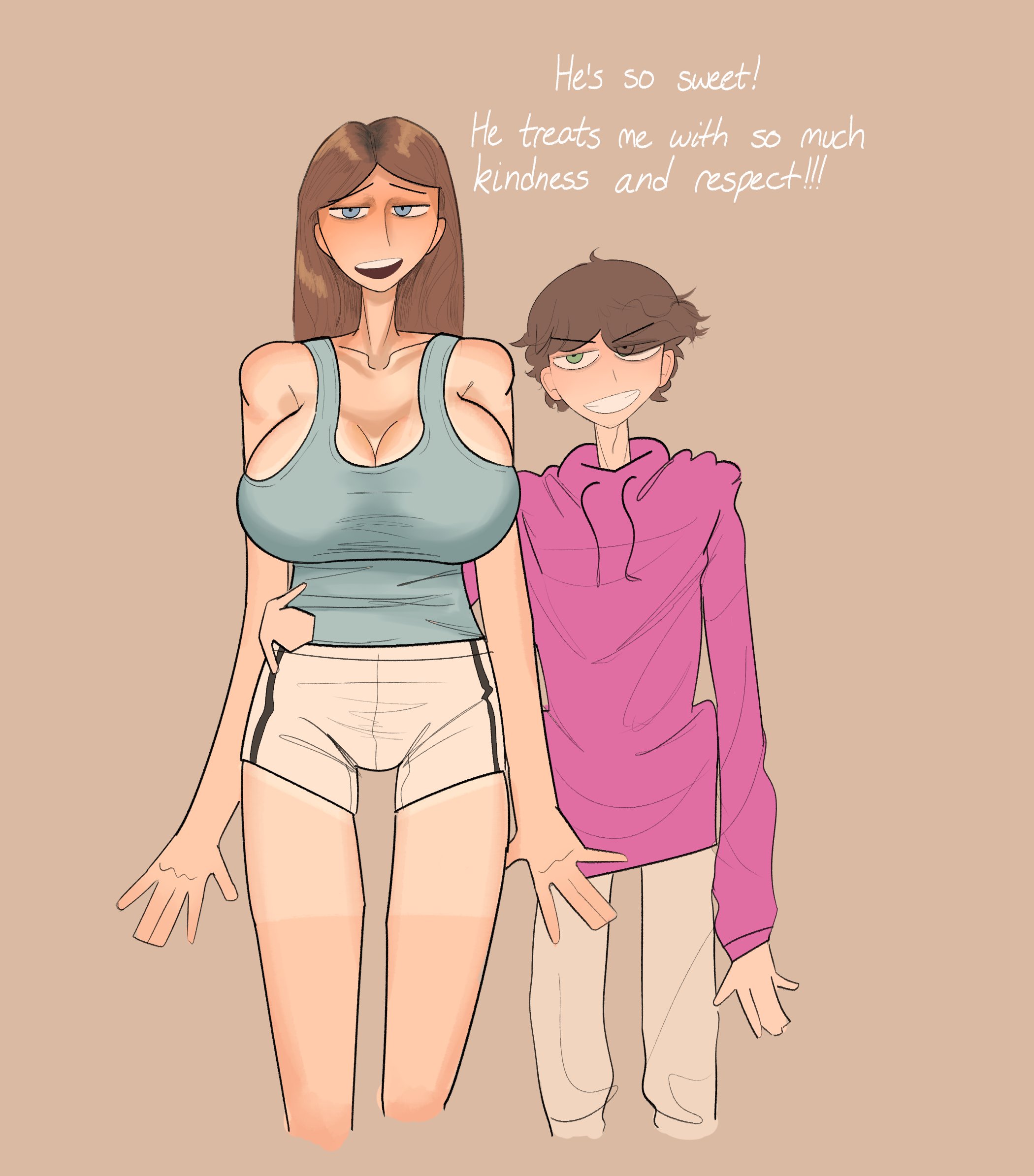 1boy, 1girls, before sex, big breasts, boob window, breasts, breasts bigger than head, brown hair, cleavage, english, english text, fm001, hand on hip, huge breasts, innocent expression, naive, oc, original, original character, original characters, pink hoodie, shorter male, sideboob, skinny female, skinny male, smirk, taller female, tanline, twink