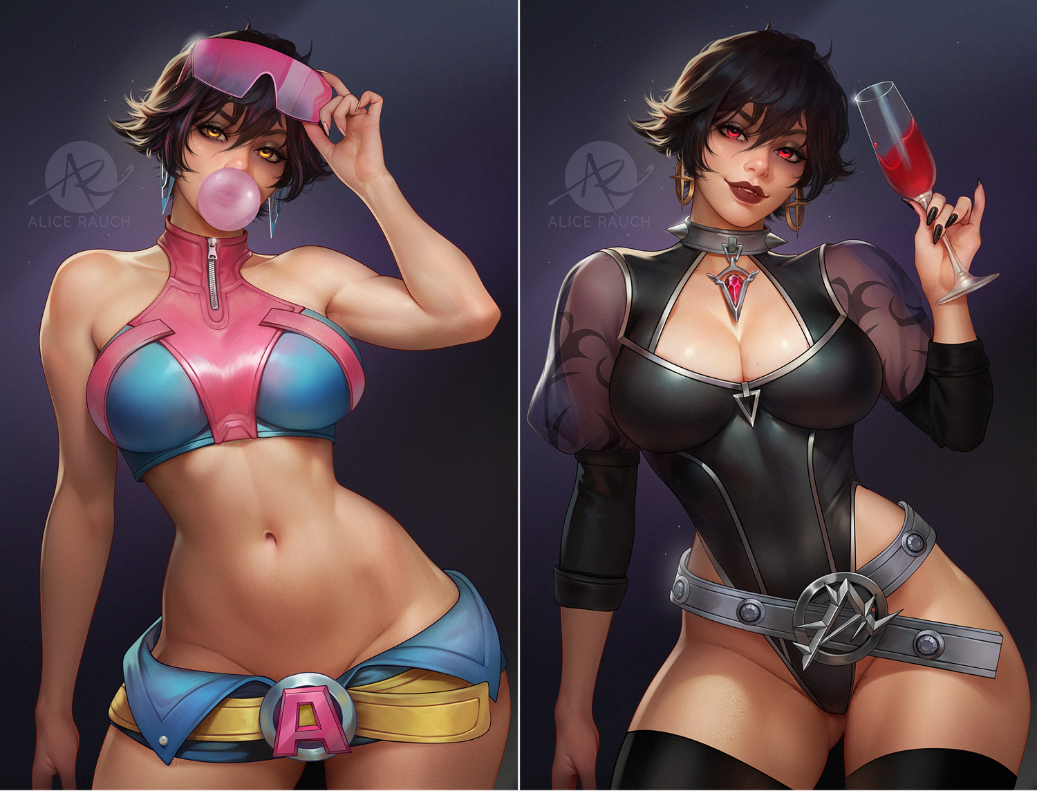 1girls, 2d, alice rauch, asian, asian female, big breasts, bubble gum, chinese female, cleavage, dual persona, female, female only, goth, goth girl, jubilation lee, jubilee, jubilee (marvel rivals), looking at viewer, marvel, marvel rivals, midriff, navel, solo, thick thighs, thigh gap, thighs, vampire, vampire girl, vampire jubilee, wine glass, x-men