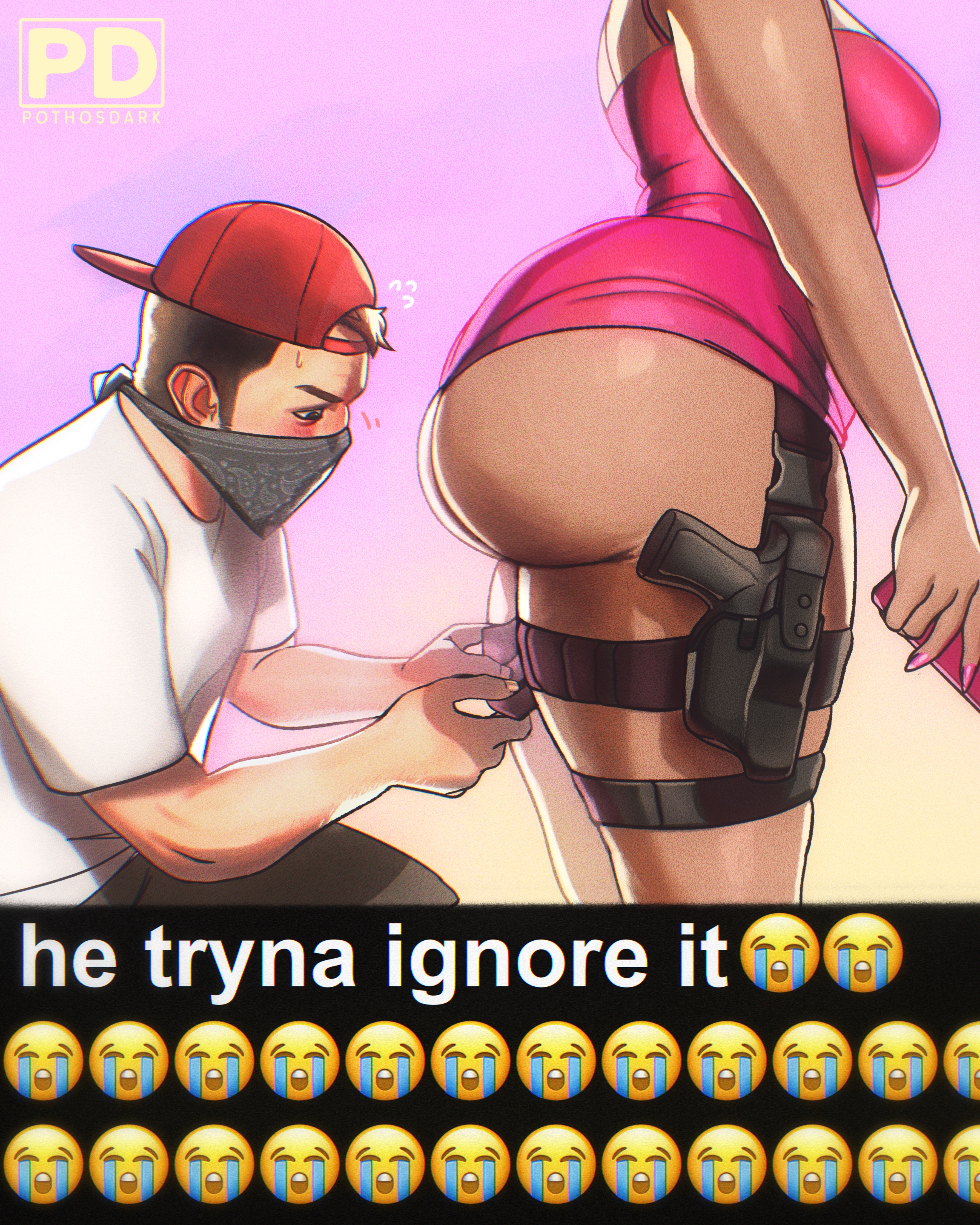 1boy, 1boy1girl, 1girls, ass, ass focus, backwards baseball cap, bandana, baseball cap, big ass, big booty latina, big breasts, blush, breasts, bubble butt, caption, clothed, crying emoji, curvy female, dark skin, dark-skinned female, dress, emoji, female, from behind, grand theft auto, grand theft auto vi, gun, handgun, he tryna ignore it (meme), holster, jason duval, kneeling, latina, looking at ass, lucia caminos, male, meme, pink dress, pistol, pothosdark, short dress, standing, sweat, sweatdrop, text, thick ass, thick thighs, thigh holster, thighs, tight clothes, tight dress, weapon, wide hips