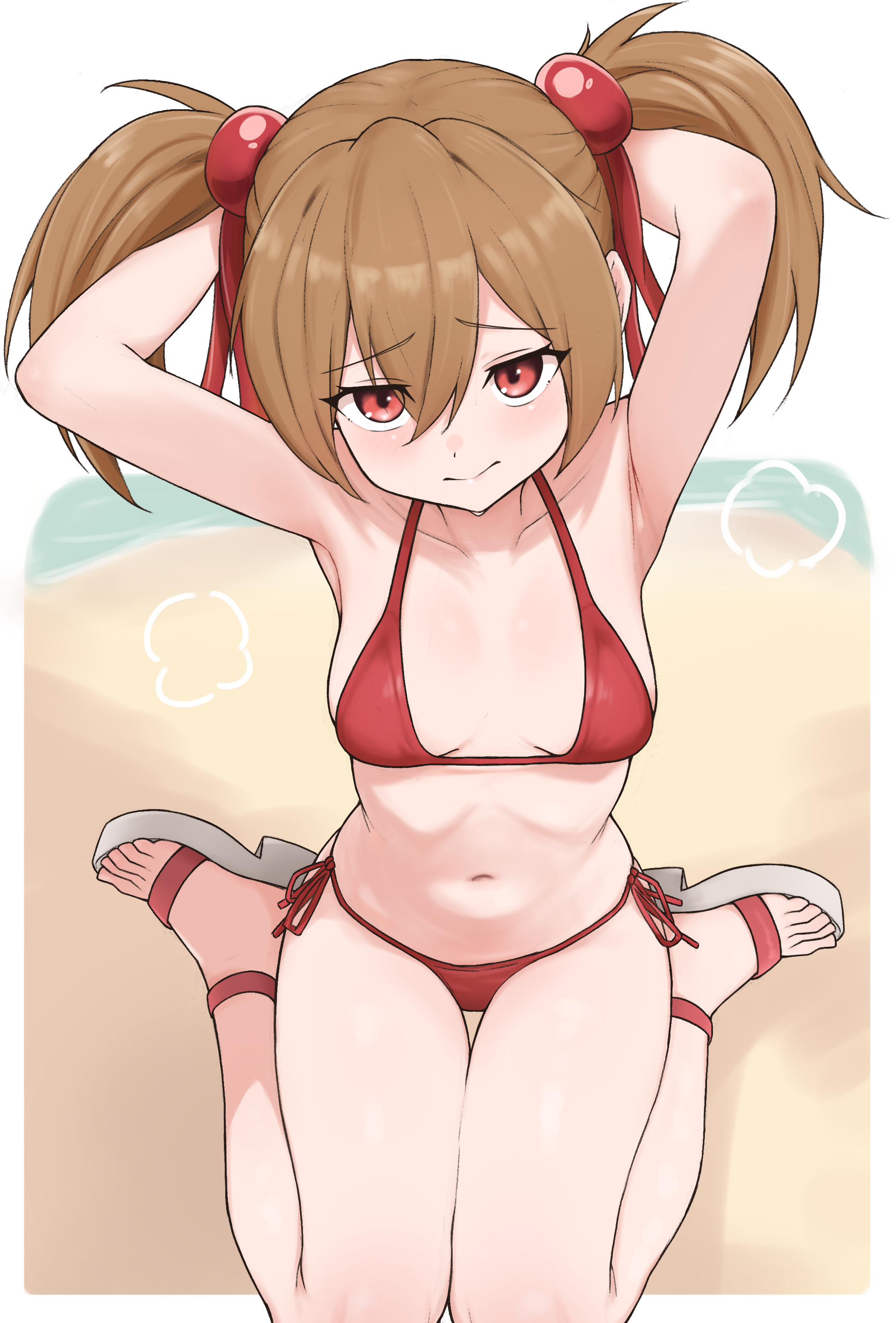 1girl, absurdres, andreypavlow, ayano keiko, beach, bikini, blush, breasts, brown hair, commentary, english commentary, hair bobbles, hair ornament, hair ribbon, highres, looking at viewer, navel, red bikini, red eyes, red ribbon, ribbon, side-tie bikini bottom, silica, small breasts, solo, swimsuit, sword art online, twintails