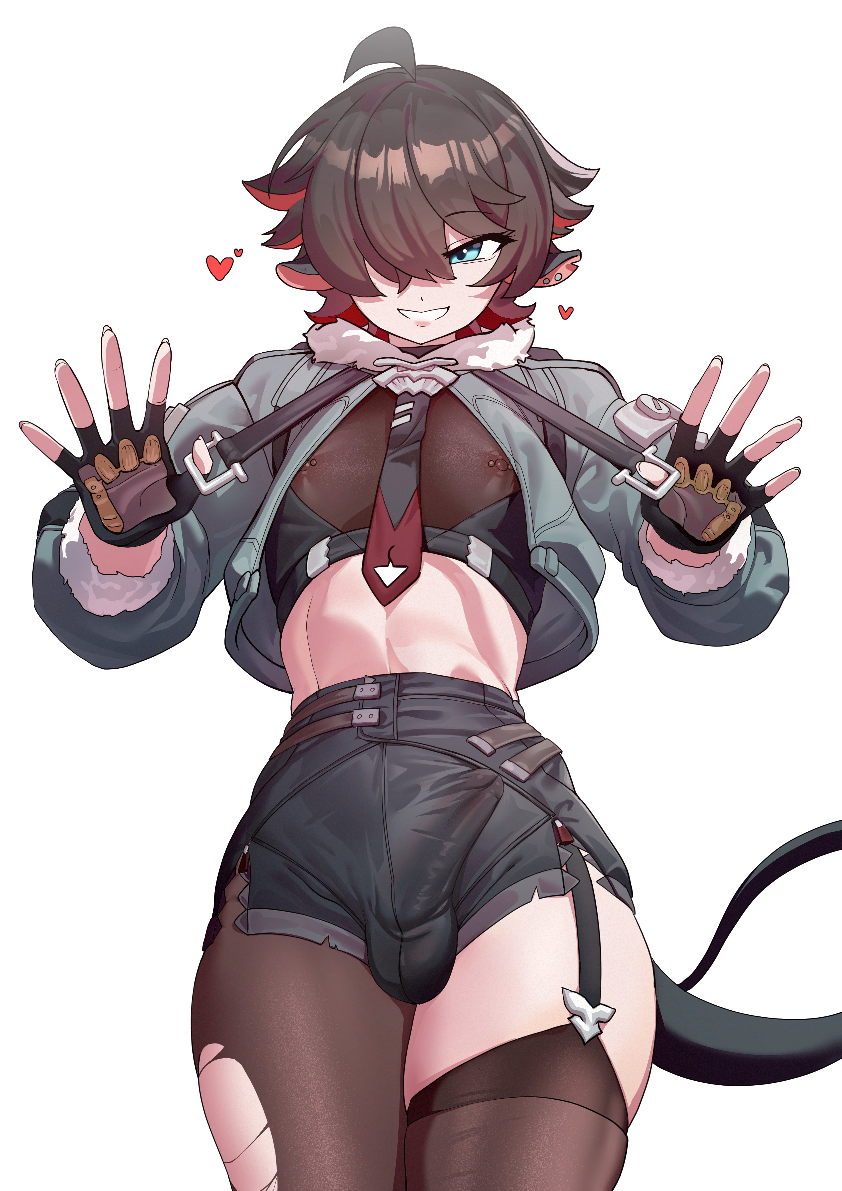 animal ears, animal tail, bulge, clothed, clothing, erect penis, erection, erection under clothes, femboy, femboy focus, femboy only, feminine male, genderswap, genderswap (ftm), gloves, heart, hearts, jane doe (zenless zone zero), john doe (zenless zone zero) (scopeophilia), male, male focus, male only, nipples, otonashi (otonashi5959), penis outline, pierced nipples, piercing, rule 63, smile, solo, solo focus, solo male, tail, thick thighs, thighhighs, thighs, tight clothes, tight clothing, zenless zone zero