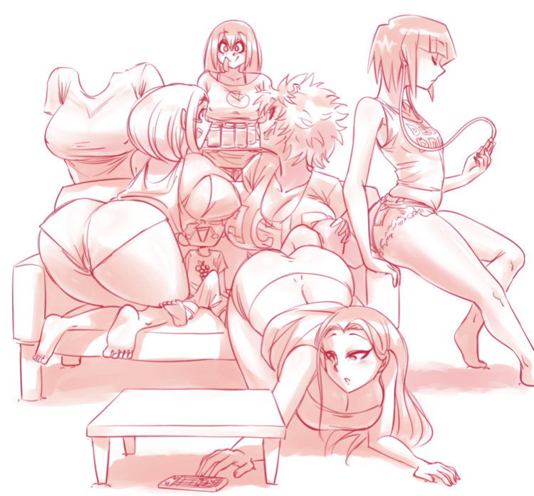 1boy, 6girls, ass, ass up, big ass, big breasts, big butt, bimbo, breasts, bubble ass, bubble butt, busty, cleavage cutout, clothing, erection, erection under clothes, female, hagakure tooru (invisible), huge breasts, human, karmaniac, kyoka jiro, larger female, male, mina ashido, minoru mineta, momo yaoyorozu, monochrome, my hero academia, ochako uraraka, penis, penis bulge, shounen jump, smaller male, smothering, teenager, thick ass, toony, tooru hagakure, tooru hagakure (invisible), tsuyu asui