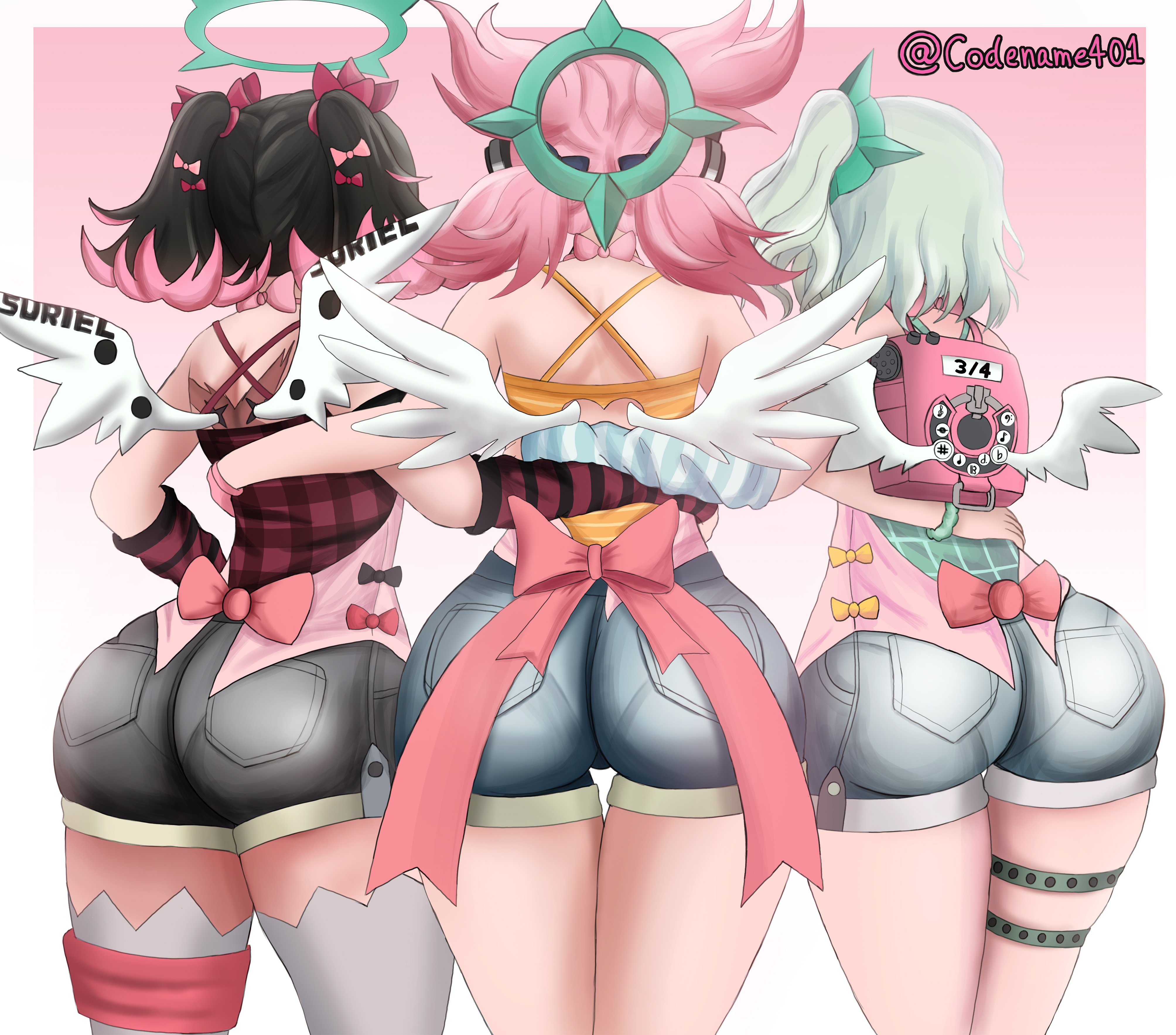 3girls, absurdres, angels of delusion, aria (zenless zone zero), aria (zenless zone zero) (human form), arm warmers, artist request, ass, ass comparison, ass focus, back view, bare shoulders, big ass, big butt, black hair, black panties, blue shorts, bow, commentary, cowboy shot, english commentary, from behind, gloves, green hair, hair bow, hair ornament, highres, kfc, multicolored hair, multiple girls, nangong yu (zenless zone zero), official alternate costume, panties, pink hair, pink shirt, shirt, short shorts, shorts, simple background, striped arm warmers, striped clothes, striped panties, sunna (delusions in business) (zenless zone zero), sunna (zenless zone zero), thick thighs, twintails, twitter username, underwear, white panties, white wings, wings, zenless zone zero