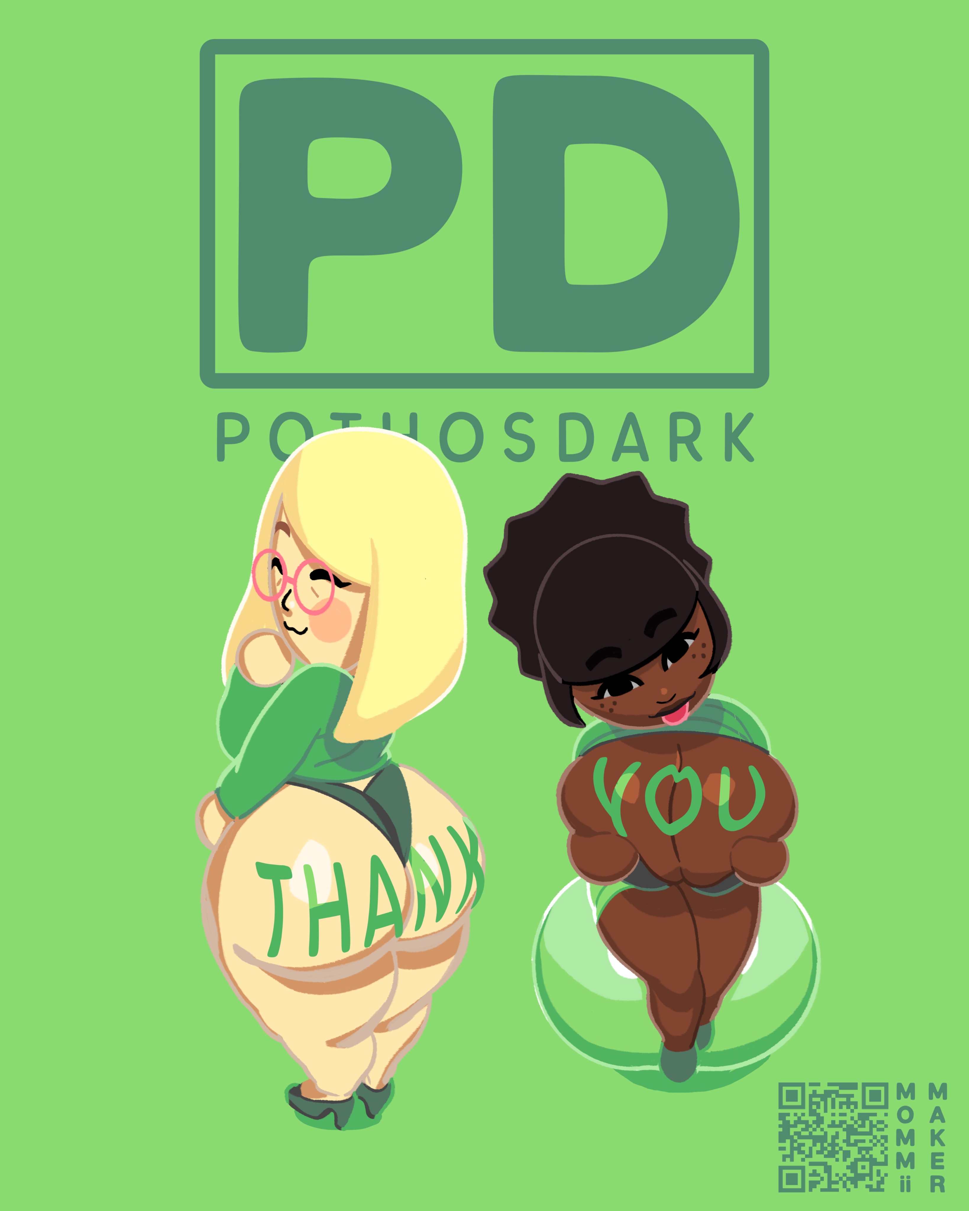 2girls, ass, ass focus, big ass, big breasts, big butt, black hair, blonde hair, blush, breasts, bubble butt, closed eyes, curvy, curvy female, dark skin, dark-skinned female, duo, duo focus, female, female only, from behind, glasses, huge ass, huge breasts, light skin, light-skinned female, long hair, looking at viewer, looking back, mii, nail polish, nintendo, original, original character, pothosdark, short hair, smile, thick ass, thick thighs, voluptuous, voluptuous female, writing on body
