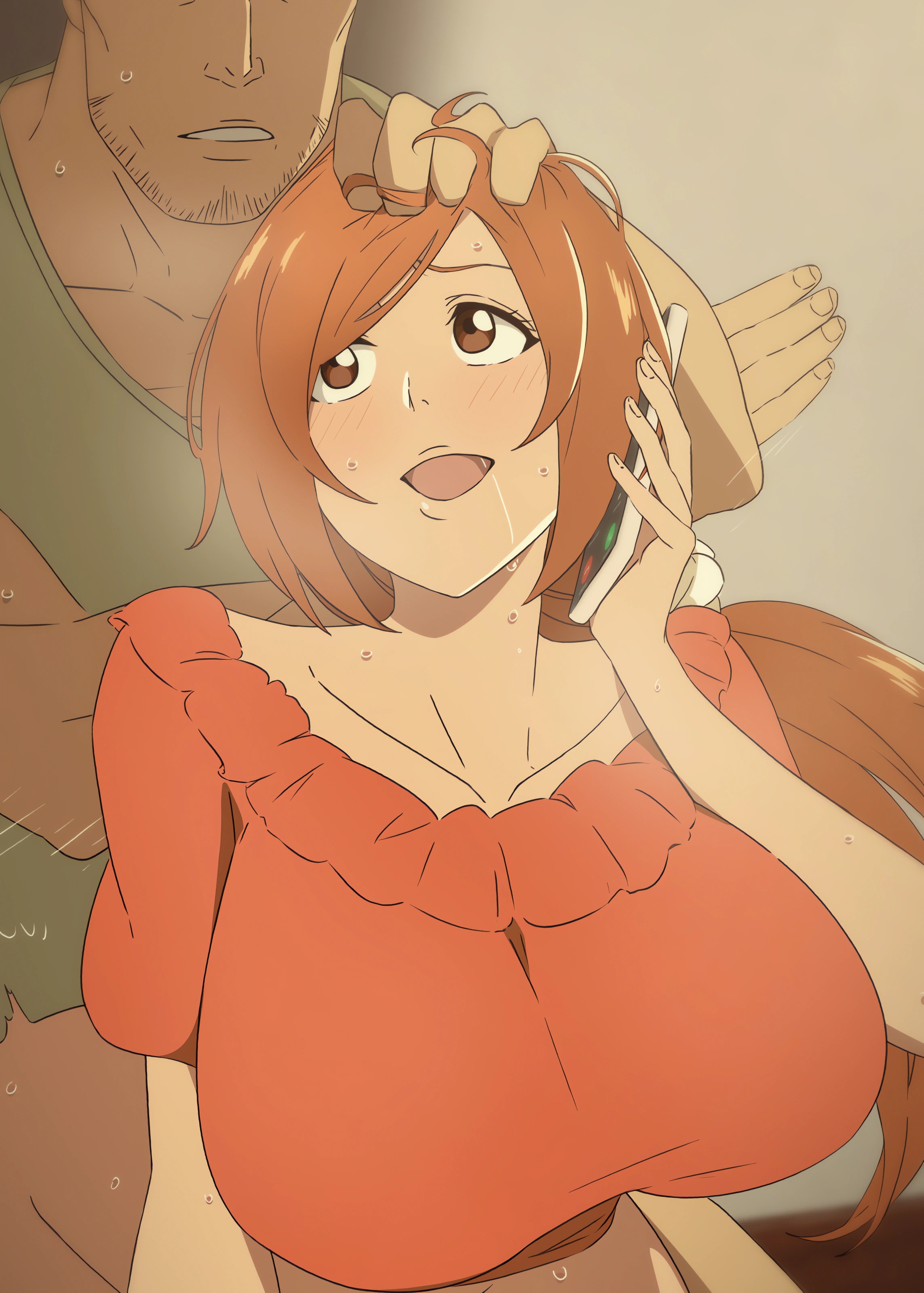age difference, ai generated, bleach, blouse, cheating, cheating wife, hair grab, happy sex, housewife, huge breasts, inoue orihime, isshin kurosaki, kurosaki isshin, leiden schaft, long hair, looking at viewer, milf, older male and younger female, on phone, orange hair, phone, phone call, ponytail, sex from behind, talking on phone