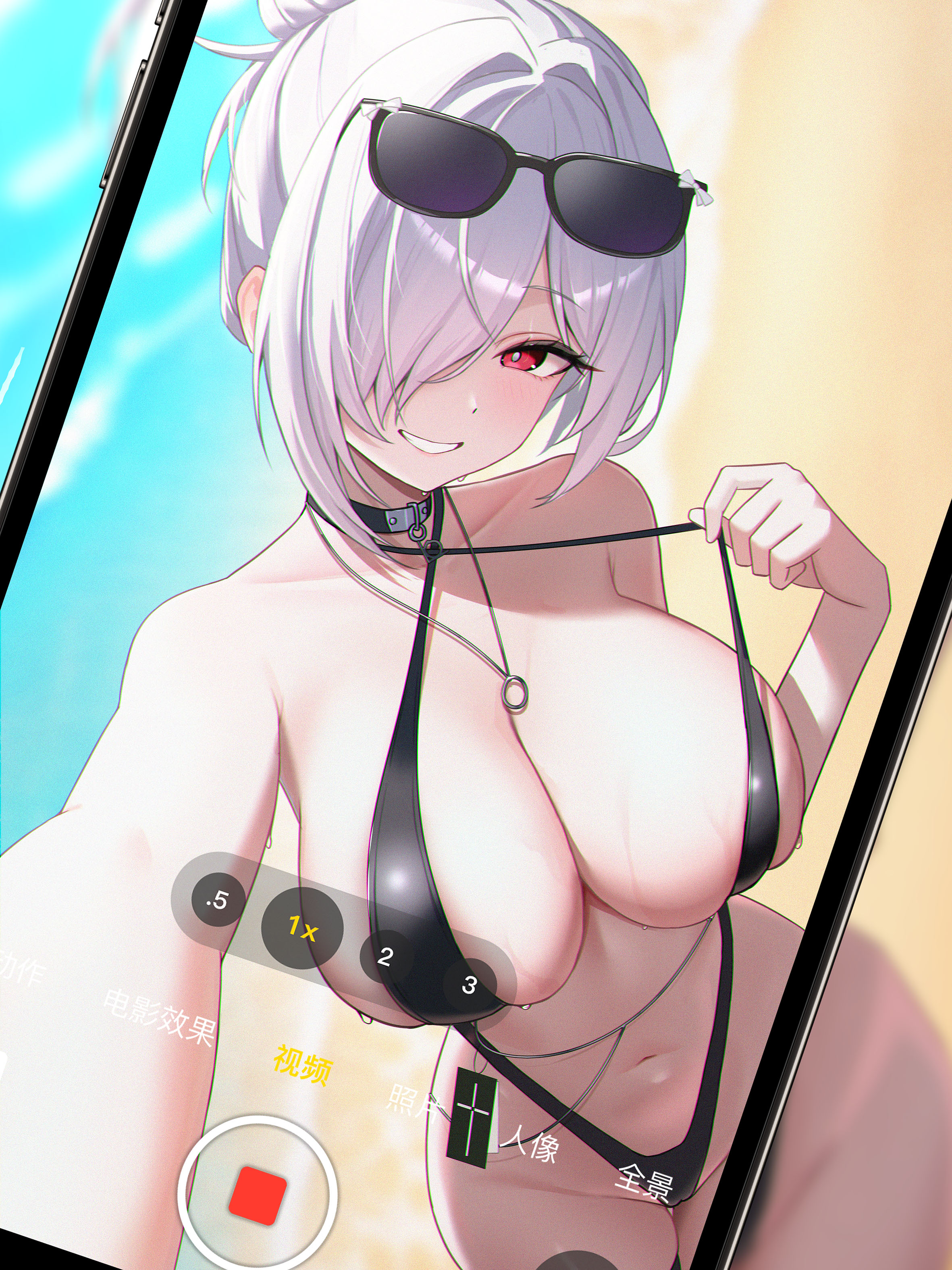 1girls, absurdres, bare shoulders, belly button, bikini, black bikini, black choker, breasts, cellphone, choker, cinderella (crystal wave) (nikke), cinderella (nikke), cleavage, commentary request, criss-cross halter, eyewear on head, female, female focus, female only, filming, goddess of victory: nikke, grin, hair intakes, hair over one eye, halterneck, high resolution, highres, jewelry, kai si (hscn5578), large breasts, long hair, looking at viewer, navel, necklace, official alternate costume, outstretched arm, phone, pulling own clothes, pussy visible through clothes, red eyes, skindentation, smartphone, smile, solo, stomach, strap pull, string bikini, sunglasses, swimsuit, thighs, wet, white hair