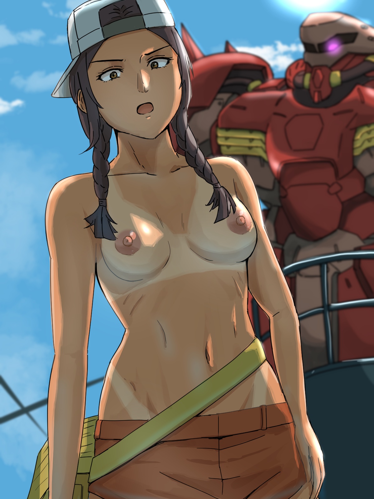 1girls, 2d, 2d (artwork), 2d artwork, areola, areolae, average breasts, bare arms, bare belly, bare breasts, bare chest, bare hands, bare midriff, bare navel, bare nipples, bare shoulders, bare skin, bare tits, bare torso, belly, belly button, below view, bikini tan, black eyebrows, black hair, black-haired female, blue sky, blue sky background, blurred background, blurry background, boobs out, bottomwear, braid, braided hair, braided twintails, braids, breasts, breasts apart, breasts out, brown belly, brown body, brown eyes, brown face, brown female, brown skin, brown skinned female, brown-eyed female, brown-skinned female, cap, character request, cloud, clouds, collarbone, color, colored, cowboy shot, dark hair, day, daylight, daytime, depth of field, digital, digital art, digital drawing, digital drawing (artwork), digital media, digital media (artwork), down angle, drawing, exposed, exposed arms, exposed belly, exposed breasts, exposed chest, exposed midriff, exposed navel, exposed nipples, exposed shoulders, exposed skin, exposed torso, eyebrows, eyebrows visible through hair, eyes, female, female focus, female only, from below, from below view, from front, front view, frown, frown eyebrows, frowning, frowning at viewer, gundam hathaway's flash, hair, half naked, half nude, hips, inframammary fold, julia suga, knees out of frame, lean figure, leg out of frame, legs out of frame, long hair, looking at viewer, looking down, looking down at viewer, low angle, low angle view, low-angle shot, low-angle view, lower body out of frame, mecha, medium breasts, midriff, mobile suit gundam, naked, naked female, naked woman, narrow waist, navel, nipples, nsfw, nude, nude female, nudity, open mouth, outdoor, outdoor background, outdoor nudity, outdoors, outside, outside nudity, parted lips, partially naked, partially naked female, partially nude, partially nude female, partially undressed, petite, petite body, petite breasts, petite female, petite girl, petite tits, pink areola, pink areolae, pink nipples, portrait, red bottomwear, red shorts, ribcage, ribs, scowl, semi nude, shorts, shoulders, skinny, skinny female, skinny girl, skinny waist, sky, sky background, slender body, slender waist, slim female, slim waist, small waist, solo, standing, sun, sunlight, sunny, swimsuit tan, tan, tan belly, tan body, tan face, tan line, tan lines, tan neck, tan skin, tan skinned female, tanned, tanned body, tanned female, tanned girl, tanned skin, tapubine2, thighs out of frame, thin female, thin waist, tied hair, tits out, tongue, top view, topless, topless female, twin braids, twintails, twintails (hairstyle), two-piece tan, uncensored, uncensored breasts, uncensored nipples, under view, underboob, upper body, v-shaped eyebrows, white cap