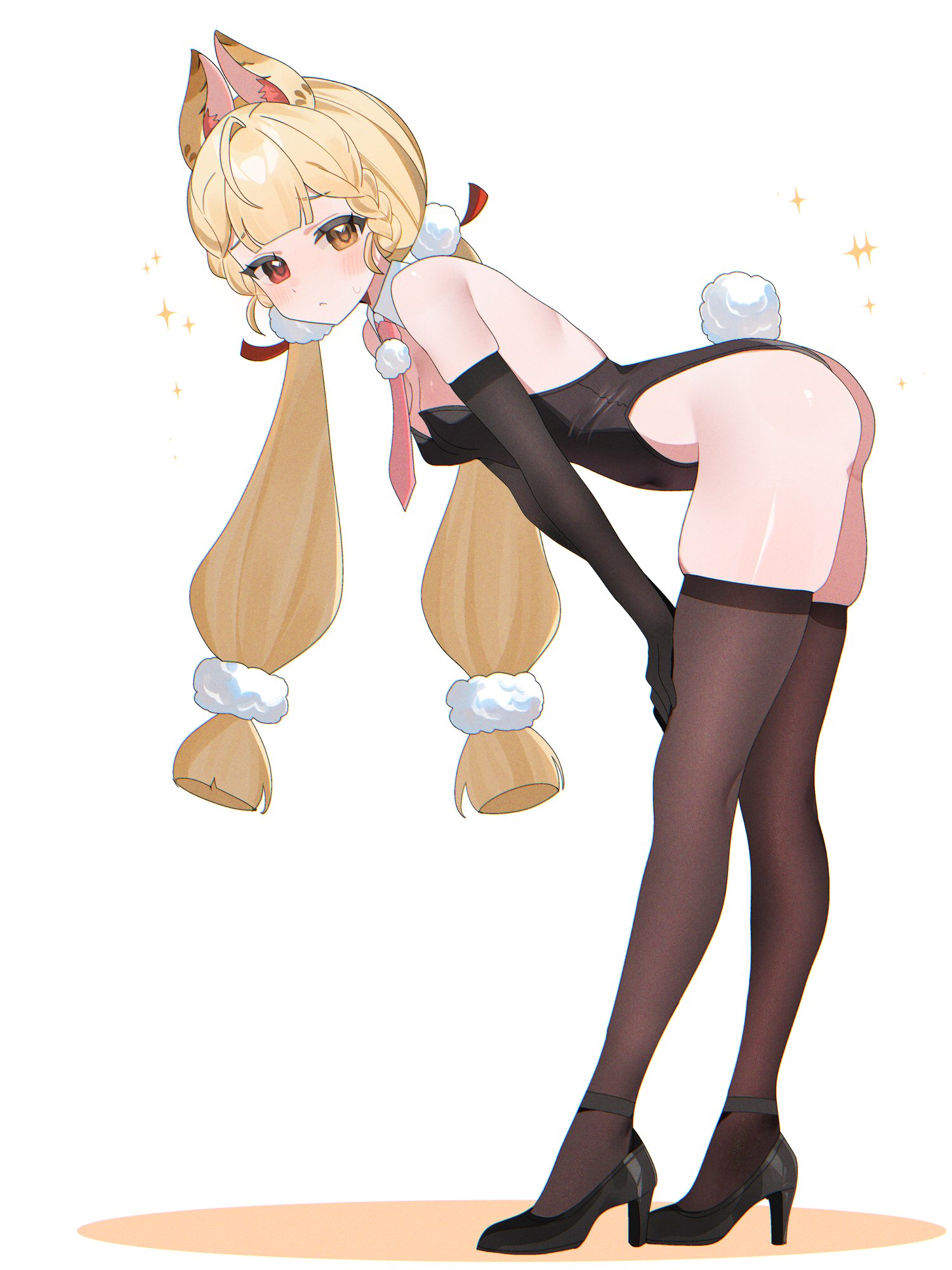 1girls, alice thymefield, alternate costume, animal ears, ass, bare shoulders, black gloves, black leotard, black thighhighs, blonde hair, blush, braid, braided twintails, breasts, bunnysuit, covered navel, d'orsay heels, detached collar, elbow gloves, embarrassed, fake tail, female, female focus, female only, from side, gloves, hair ornament, heterochromia, high resolution, highleg, highleg leotard, highres, leaning, leaning forward, leotard, light blush, light frown, long hair, looking at viewer, low twintails, medium breasts, necktie, pink necktie, playboy bunny, rabbit ears, rabbit girl, rabbit tail, red eyes, shusuchii, simple background, skindentation, solo, sparkle, sphere hair ornament, standing, strapless, strapless leotard, tail, thighhighs, thighs, twintails, white background, yellow eyes, zenless zone zero