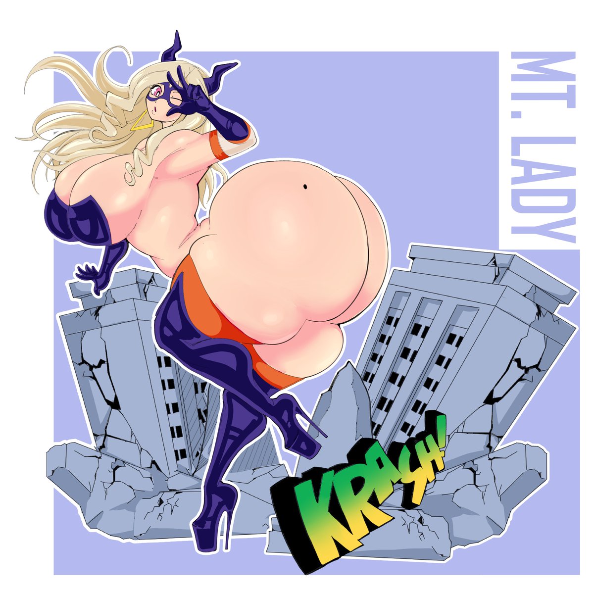 ass, blonde hair, boku no hero academia, breasts, curvy, fat ass, female, giantess, huge ass, huge breasts, long hair, massive ass, massive breasts, mount lady, mt. lady, my hero academia, mybigbaws, pink eyes, plump ass, quirk (mha), thick, thick ass, thick thighs, thighs, v, wide hips, wink, winking at viewer