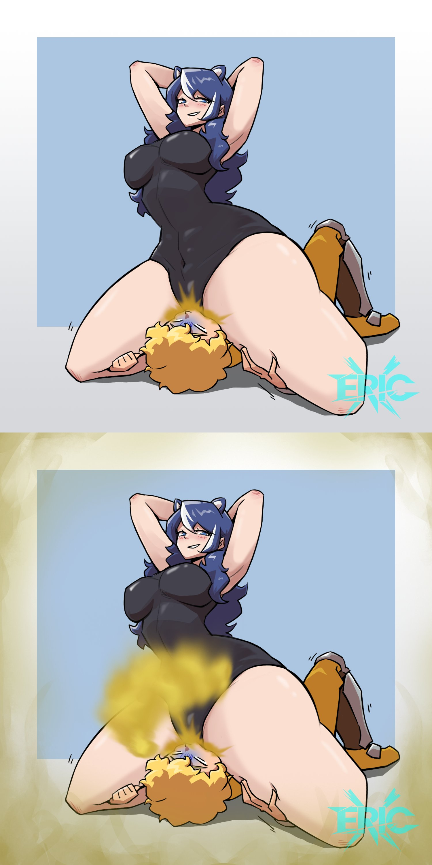 1boy, 1boy1girl, 1girls, 2d, 2d (artwork), abs, almost naked, armored boots, armored male, armpits, arms behind head, artist logo, artist name, artist signature, athletic female, belly button, big hips, big thighs, bigger female, blonde, blonde hair, blonde male, blonde-haired male, blue and white hair, blue hair, blushing, blushing at viewer, blushing female, boobs, breasts, breasts bigger than head, clothed, clothed female, clothed female clothed male, clothed male, clothed male clothed female, deadly fart, edit, edited, enjoying, enjoying farting, erect nipples, erect nipples under clothes, ericx, facefart, facefarting, facesit, facesitting, facesitting fart, facesitting female, facesitting through clothes, fart, fart cloud, fart everywhere, fart fetish, fart torture, farting, farting in face, farting in mouth, farting on another, farting on face, farts, female, female abs, female focus, femdom, gas, gassy, gassy ass, gassy female, green fart, green gas, hands behind head, hips, hips wider than shoulders, kemonomimi, larger female, leotard, light skin, light-skinned female, long hair, looking at viewer, loving, loving gaze, male victim, malesub, nipples, nipples visible through clothing, no bra, no panties, no tail, oc, original character, original characters, poison gas, poofy hair, pov eye contact, pupilless eyes, queef, raised arm, raised arms, rubbing pussy, rubbing pussy on face, rubbing pussy through clothing, sadism, sadistic, sadistic girl, seducing, seducing viewer, seductive, seductive eyes, seductive look, seductive pose, seductive smile, see-through clothing, see-through leotard, shiny, shiny clothes, shiny leotard, short hair, shorter male, skunk, skunk ears, skunk girl, skunk spray, skunk stripe, smaller male, smell, smelly, smelly ass, smelly farts, smile, smiling, smiling at viewer, smothering, smothering pussy, smug, smug face, sniffing, sniffing ass, stink, stink fumes, stink lines, stinky, stinky fart, suffering, suffocate, suffocating, suffocation, thick, thick hips, thick thighs, thighs, thighs bigger than head, toxic gas, twitter, twitter link, white hair stripe, white stripe, yellow hair
