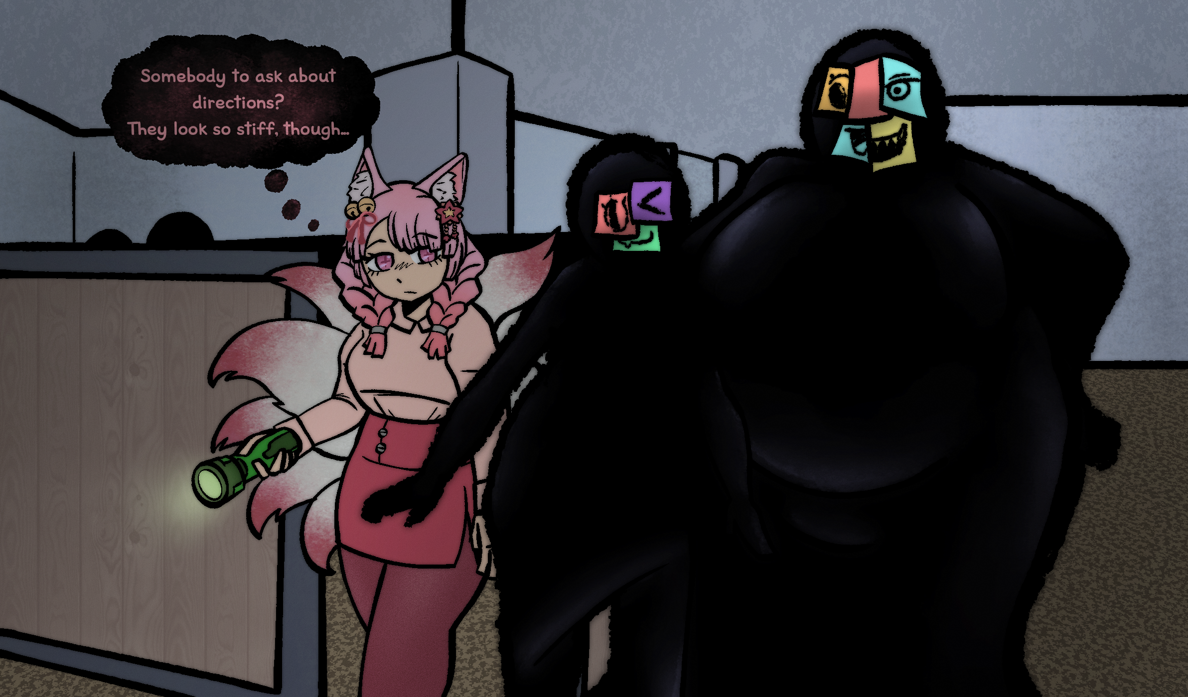 :3, :d, 3girls, animal ears, animal tail, assimilation, bbw, belly, big ass, big belly, big boobs, big breasts, big thighs, breasts, chubby, chubby female, comic, comic page, dialogue, doors (roblox), feelingmachine, flashlight, fox ears, fox tail, fupa, huge breasts, huge thighs, kitsune, leggings, no nipples, office, office lady, office skirt, pink eyes, pink hair, roblox, roblox game, self upload, shadow, shadow creature, sticky note, tagme, the drones (doors), thought bubble, transformation, transformation sequence