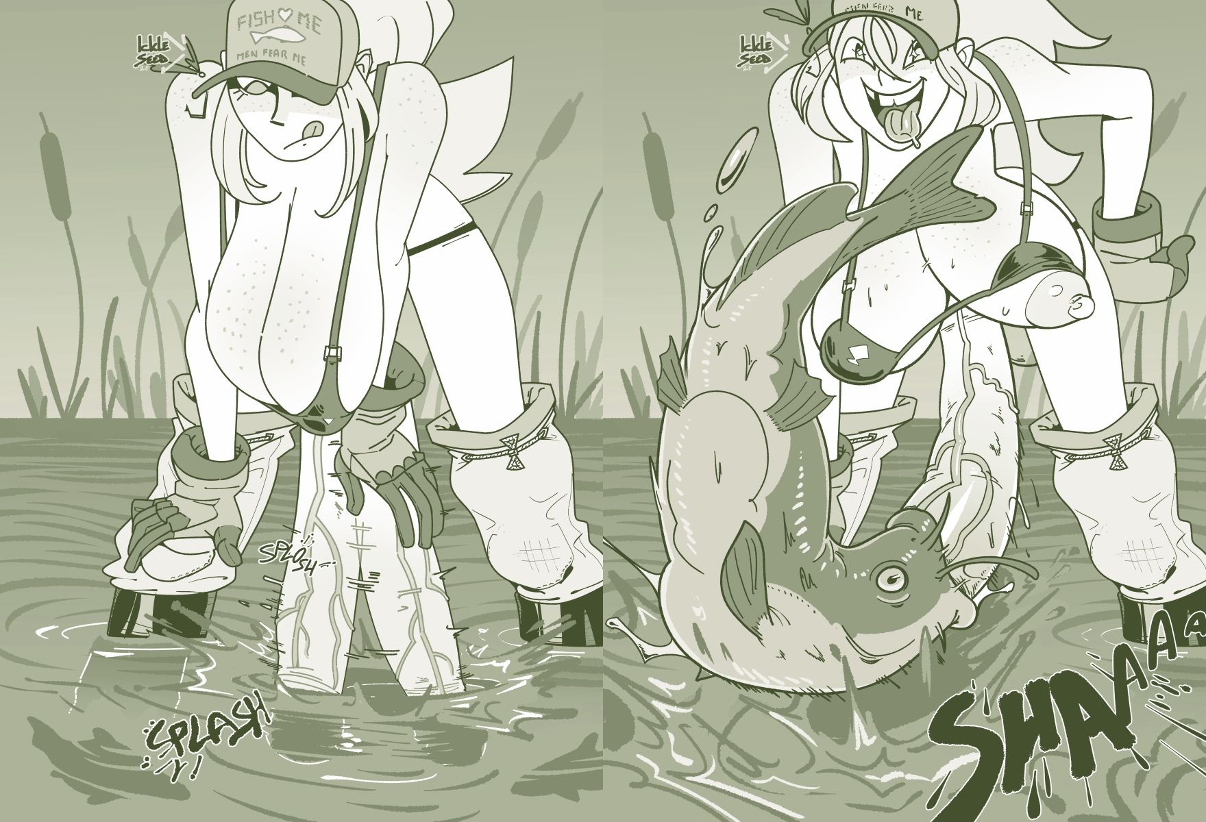 19ad, anthro, cum, ejaculation, feral, feral penetrated, fish, fish fucking, futa on feral, horsecock, human penetrating, long ears, long hair, masturbation, purple skin, red hair