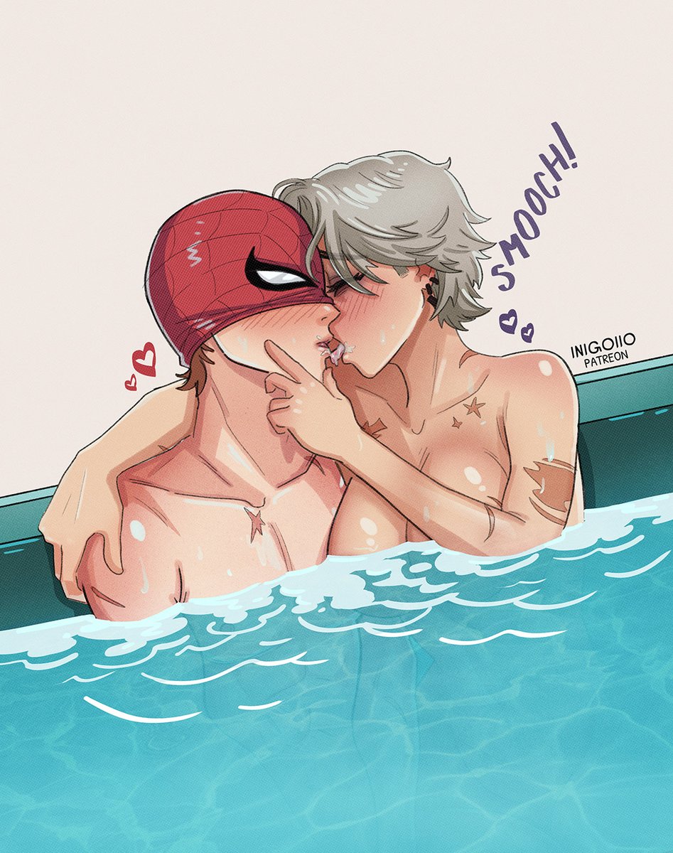 1boy, 1girls, 2d, 2d (artwork), bathing, big breasts, black widow (marvel), blush, closed eyes, covering breasts, florence pugh, french kiss, heart symbol, hetero, heterosexual, hug, inigoiio, inminent sex, kiss, kissing, kissing while hugging, light skin, light-skinned female, light-skinned male, marvel, marvel cinematic universe, marvel comics, masked, masked male, nude female, nude male, open mouth, peter parker, saliva, saliva trail, scars on body, short hair, simple background, spider-man, spider-man (series), spider-man: brand new day, superhero, superhero mask, superheroine, tom holland, tongue, tongue kiss, tongue out, water, yelena belova