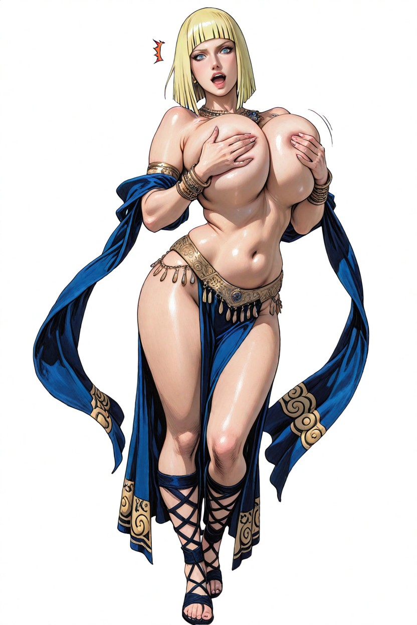 1girls, ai generated, belly dancer, belly dancer outfit, big breasts, blonde female, blonde hair, blue eyes, breasts, covered nipples, faprunner78, female, female only, fringe, naruto (series), natural breasts, samui, thick thighs, thighs