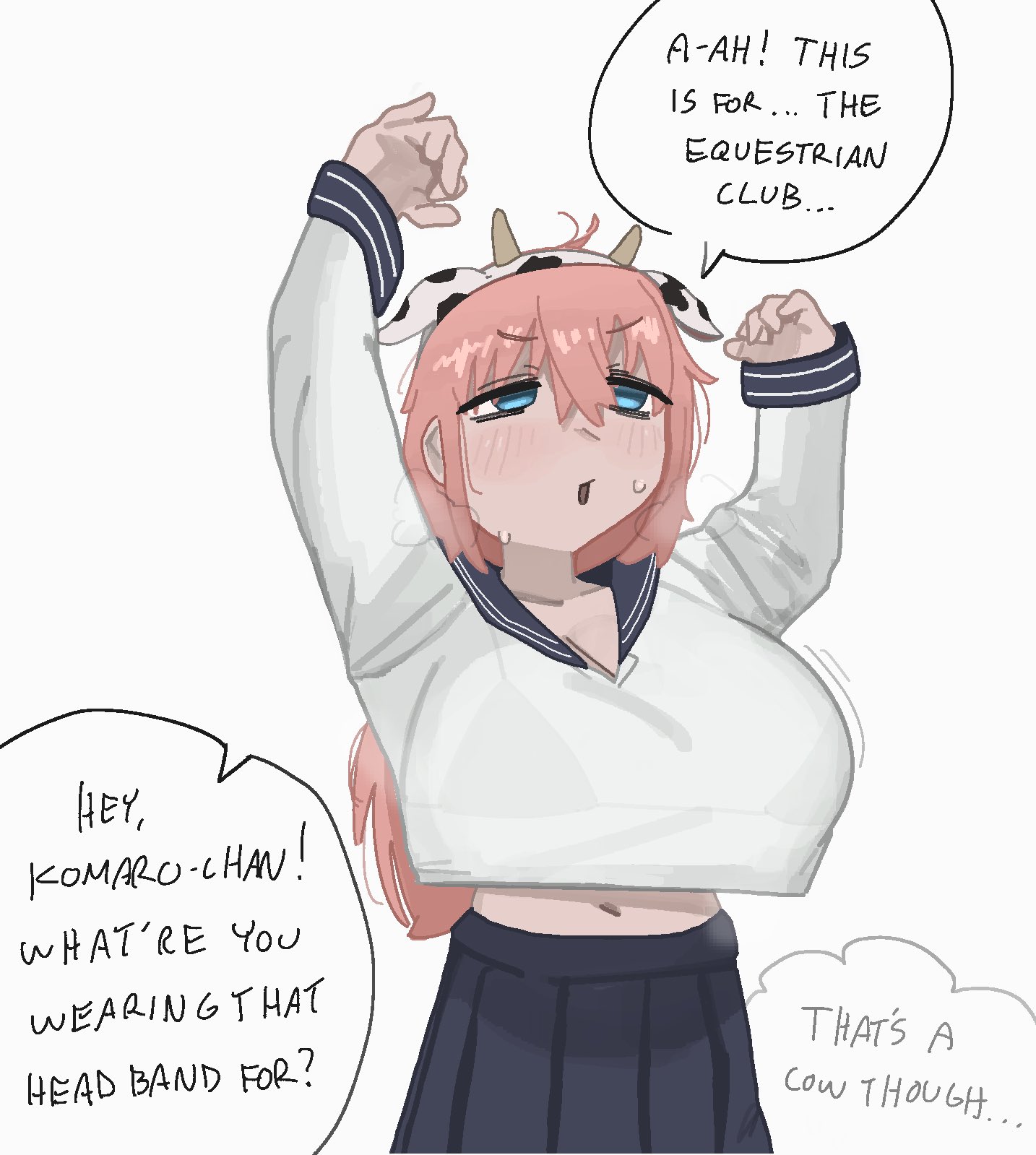 1girl, animal ears, blue eyes, blush, breasts, clothed, cow ears, cow horns, fake animal ears, fake horns, female, female focus, fully clothed, fully clothed female, horns, huge breasts, large breasts, long hair, michinoku komaro, navel, pink hair, sailor collar, school uniform, serafuku, simple background, skirt, solo, standing, stomach, sunzo05, sweat, white background