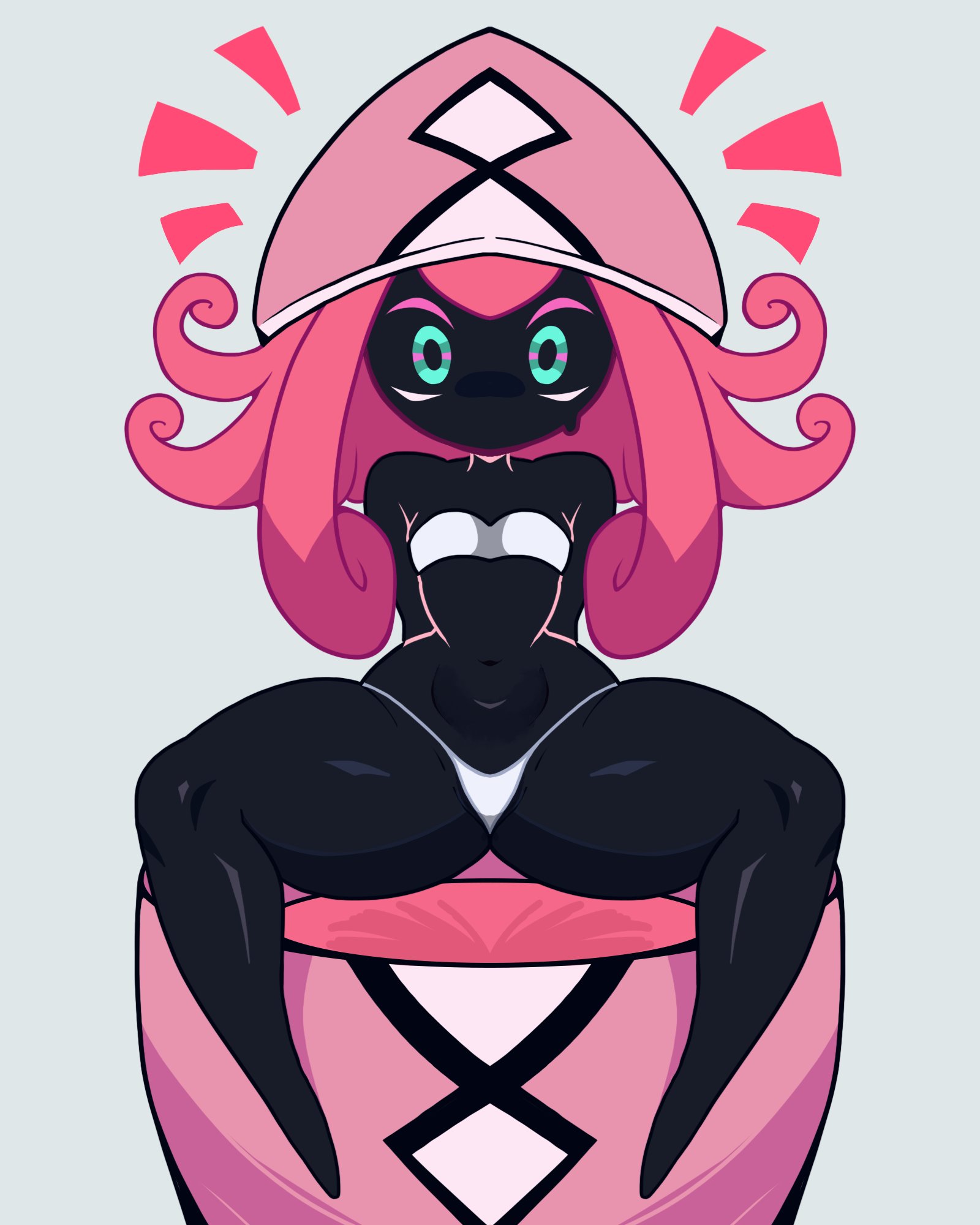 black body, dark-skinned female, flat chest, legendary pokemon, navikyu, pink hair, pokemon, pokemon (species), sweat, sweating, tapu lele, thick thighs