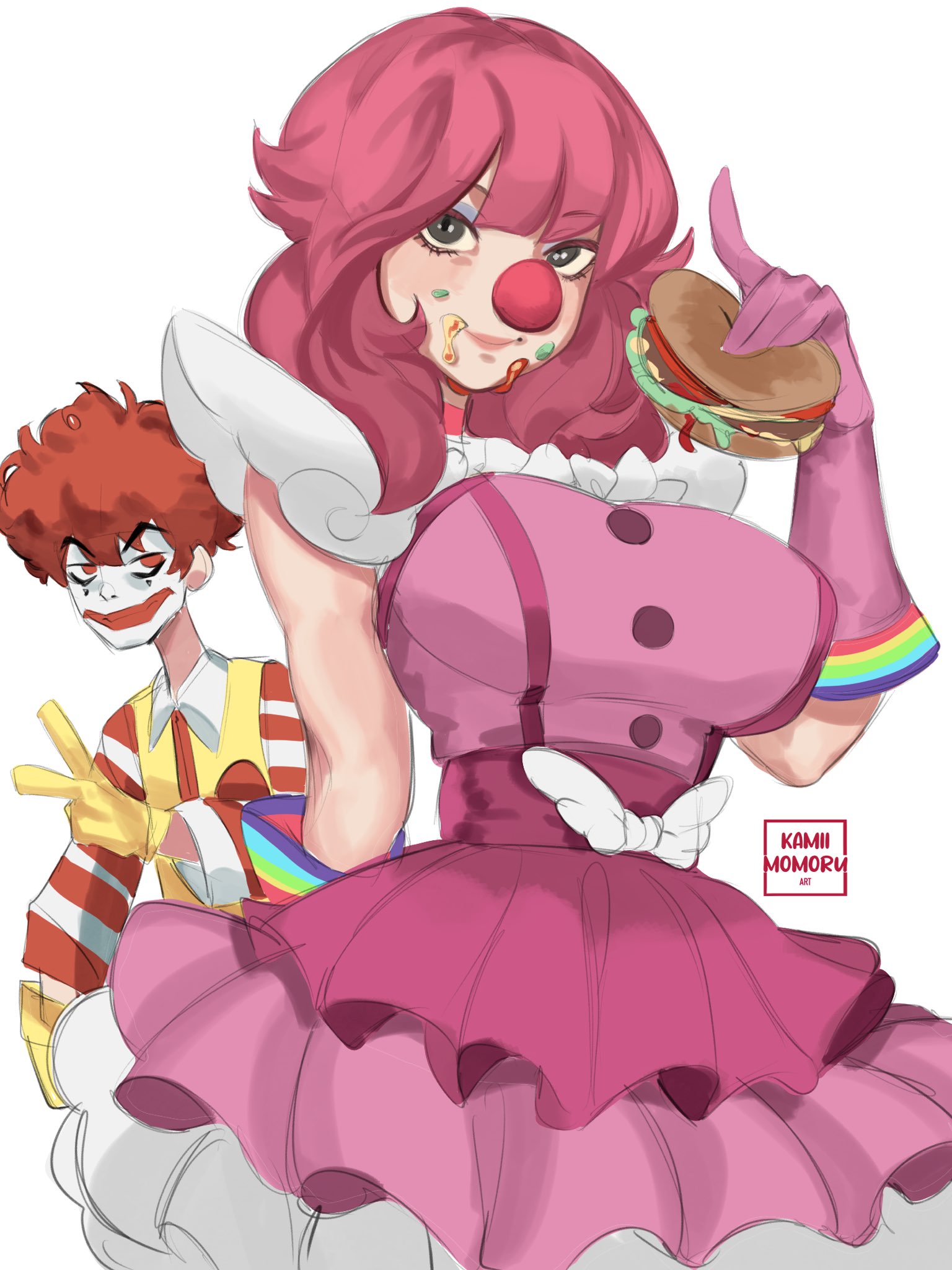 ace attorney, big breasts, breasts, burger, clothed, clothing, clown, clown girl, clown makeup, clown nose, female, female focus, fully clothed, geiru toneido, gyakuten saiban, huge breasts, kamii momoru, mcdonald's, pink hair, ronald mcdonald, sfw, skirt, tagme