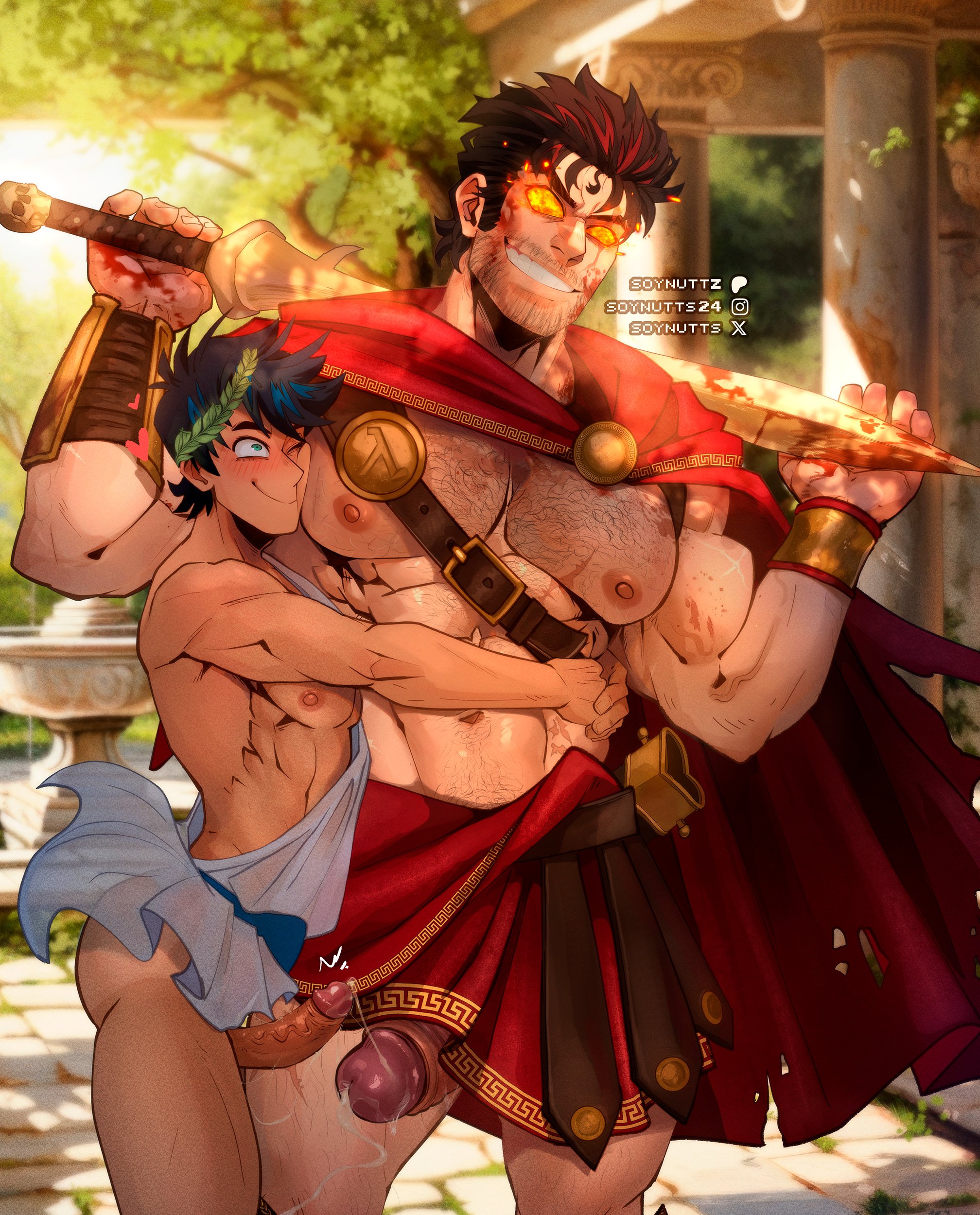 abs, age difference, ancient greece, ares, ares (pjo), ass, big pecs, big penis, blush, butt, chest hair, cousin and cousin, cousins, erect penis, erection, facial hair, gay, greek clothes, greek mythology, hairy, hairy chest, hairy male, hugging, incest, male, male focus, male only, mature, mature male, muscular, muscular male, nipples, older male, older male and younger male, one eye closed, pecs, penis, penis out, penis size difference, percy jackson, percy jackson and the olympians, size difference, soynutts, twink, veiny penis, yaoi, younger male
