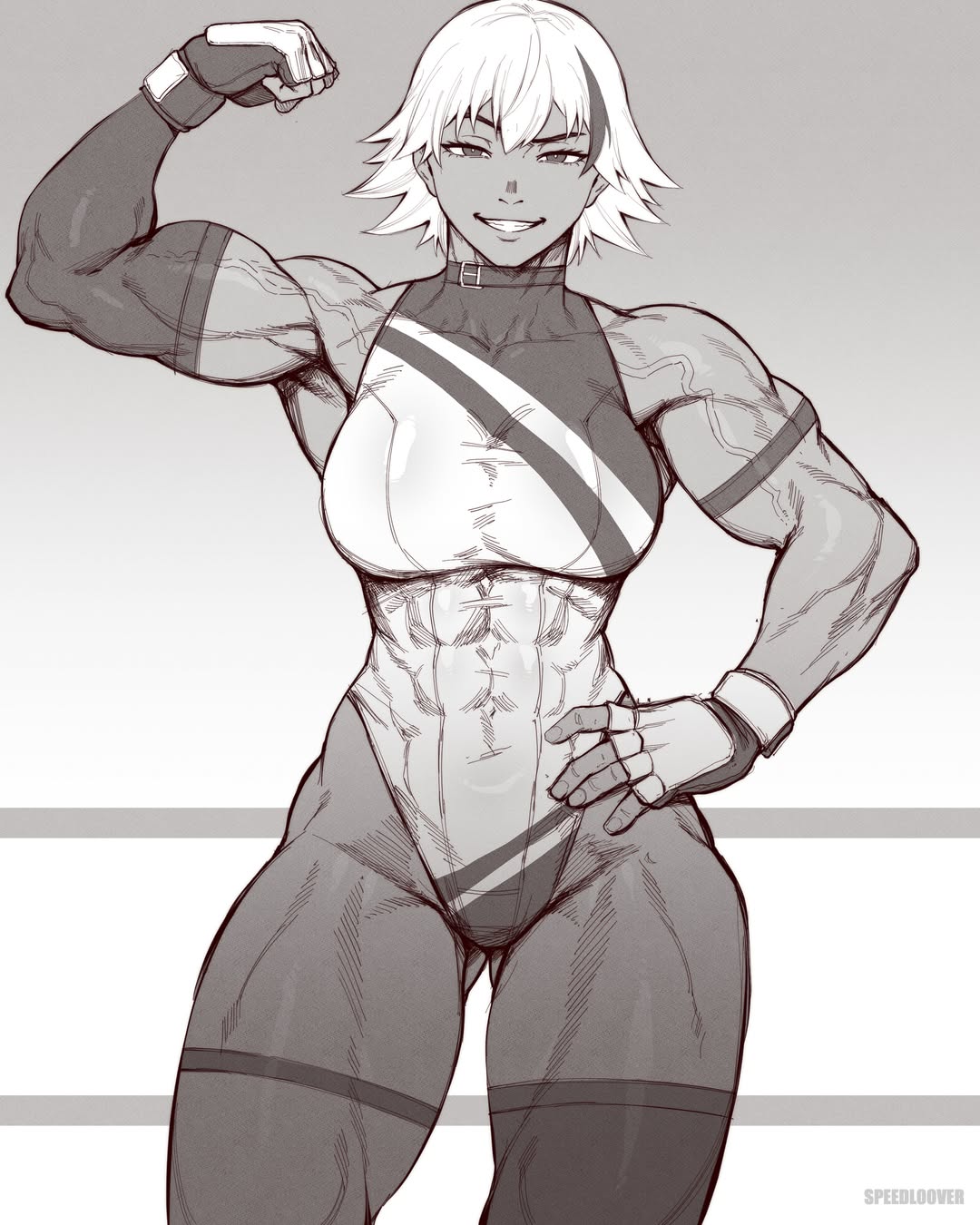 1girls, abs, athletic, athletic female, biceps, big boobs, big breasts, big thighs, black and white, character request, curvy, curvy body, curvy female, curvy figure, highres, huge boobs, huge breasts, huge thighs, looking at viewer, manga, manga style, muscular, muscular arms, muscular female, muscular legs, muscular thighs, seductive, seductive eyes, seductive look, seductive smile, short hair, simple background, solo, solo female, solo focus, speedl00ver, tan body, tan skin, tanned, tanned body, tanned female, tanned skin, thick thighs, thigh highs, thighhighs, voluptuous, voluptuous body, voluptuous female, white background, white hair