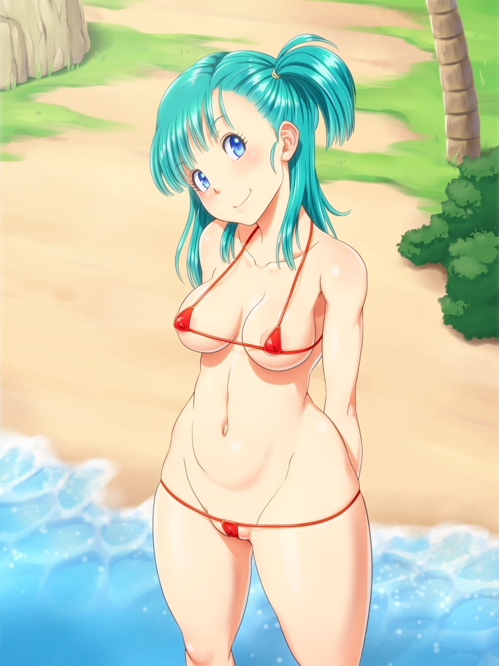 areola slip, areolae, bare shoulders, beach, bikini, blue eyes, blue hair, breasts, bulma, bulma briefs, collarbone, dragon ball, dragon ball (classic), female, female only, human, looking at viewer, micro bikini, mound of venus, navel, shikuta maru, side ponytail, smile, solo, swimsuit, teal hair, teenage bulma, teenage female, teenager, thighs, water