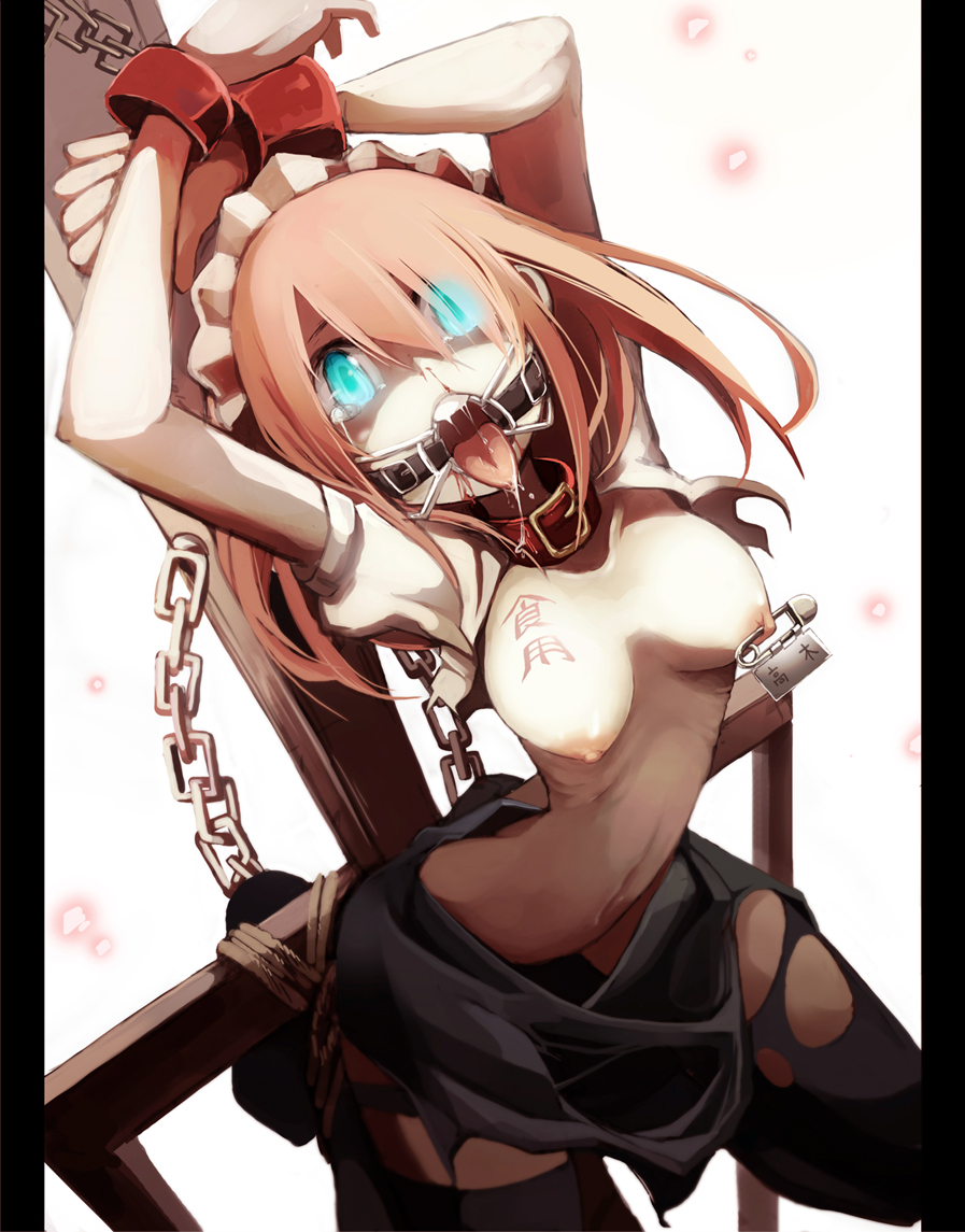 1girls aqua_eyes arched_back arms_above_head arms_up blood body_writing bondage breasts chains collar color crying drooling female gag maid_headdress name_tag nipple_piercing nipple_tag nipples nosebleed open_mouth_gag original pantyhose partially_translated pierced_nipples piercing pink_hair ring_gag rope saliva scared short_hair solo spider_gag takagi_(tansuke) tansuke tear tears text tongue torn_clothes torn_pantyhose translation_request