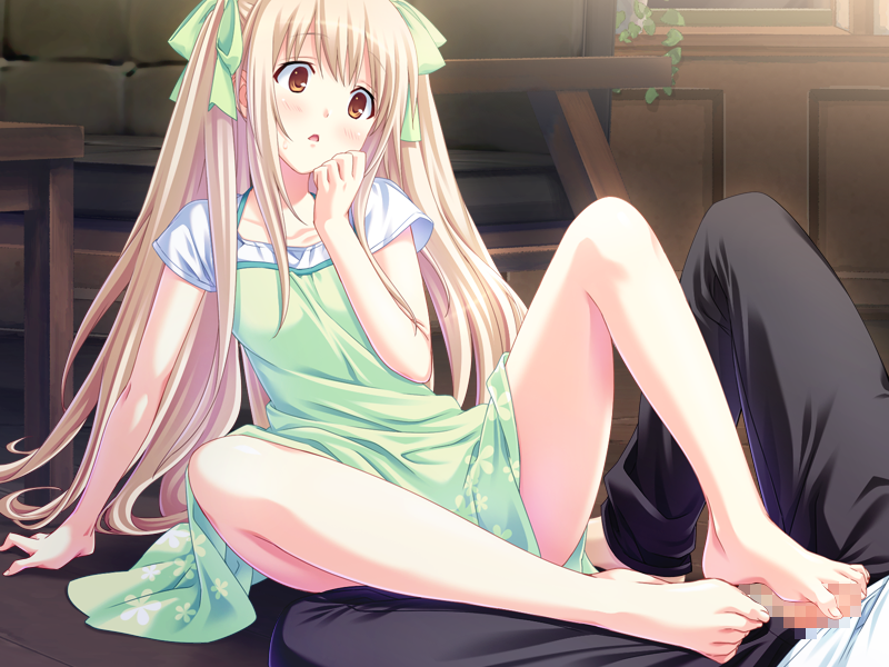 arm_support barefoot blonde_hair censored couch d: dress feet female footjob game_cg hair_ribbon hinata_terrace kajiwara_hina long_hair marui_(koedame) on_floor open_mouth penis ribbon sitting two_side_up very_long_hair