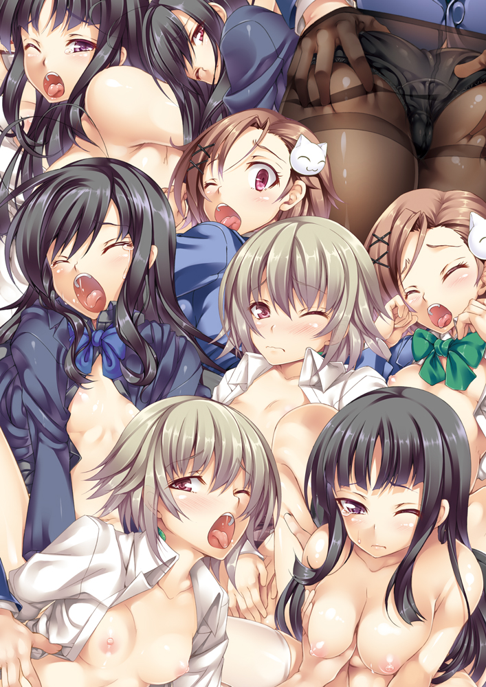 arita_haruyuki ass ass_grab black_hair black_panties blush bow breasts brown_hair cat_hair_ornament character_request hair_ornament hand_under_clothes hands_under_clothes ichijou_hitoshi kurashima_chiyuri kuroyukihime kusakabe_rin long_hair multiple_girls nipples open_mouth panties panties_under_pantyhose pantyhose pointy_chin red_eyes school_uniform short_hair silver_hair tear tongue underwear wink