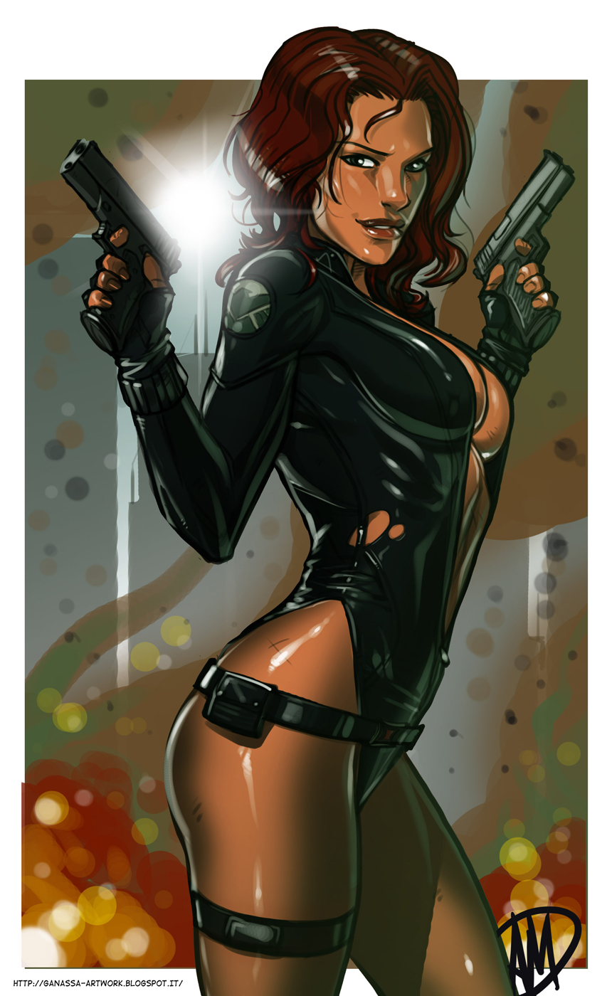 1girls, avengers, black widow (marvel), cleavage, dual wielding, female, female only, fit, fit female, ganassa, gun, human, human only, leotard aside, light skin, light-skinned female, marvel, marvel comics, natasha romanoff, red hair, s.h.i.e.l.d., solo, solo female, tight clothing, torn clothes, unzipped, unzipped bodysuit, weapon